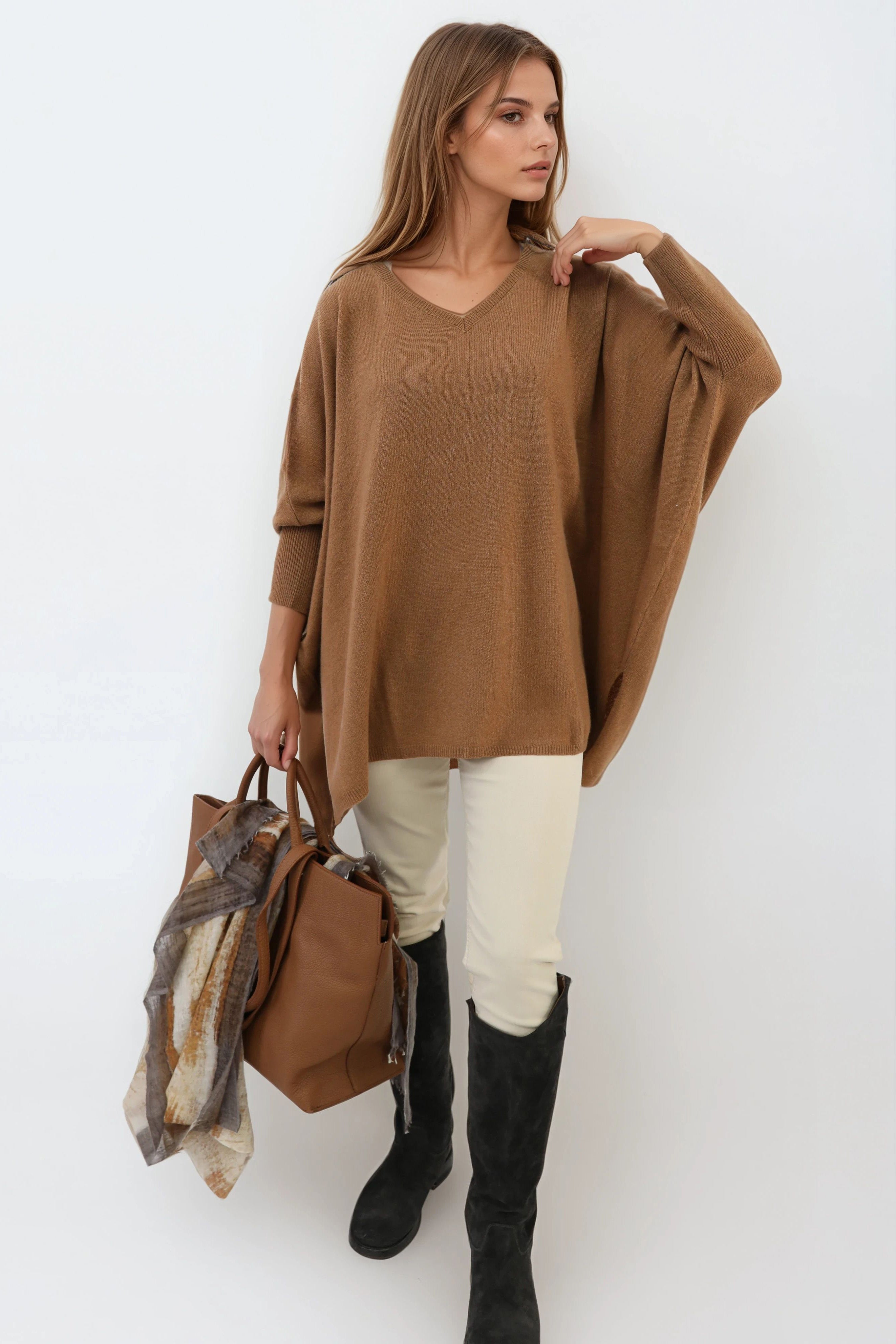 ANITA LONG SLEEVE PONCHO IN PURE CASHMERE MERINO