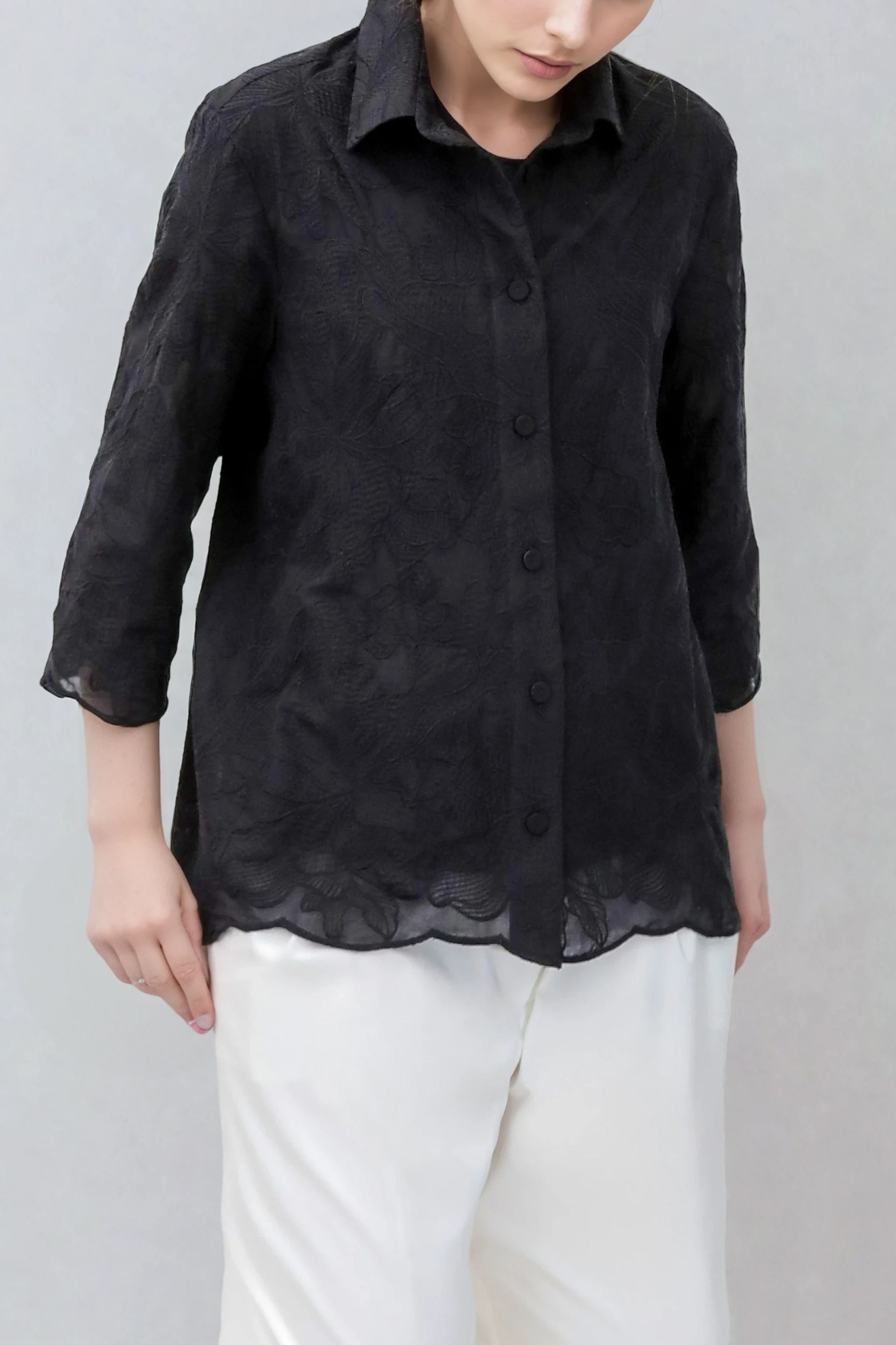 CESARE CAMP SHIRT IN BLACK EMBROIDERED ITALIAN COTTON