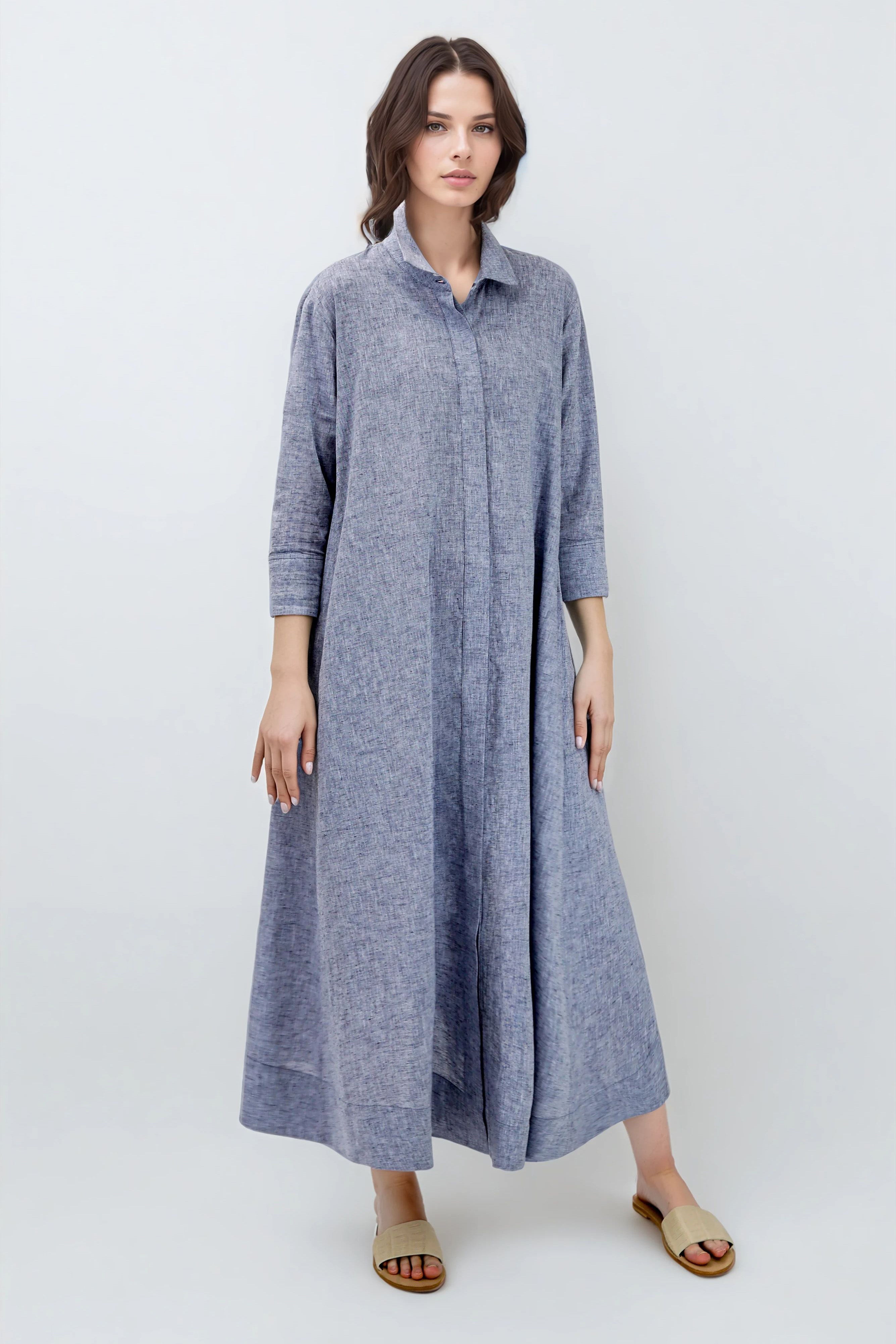 LIGHTWEIGHT DANNI DRESS IN ITALIAN LINEN COTTON NAVY MELANGE