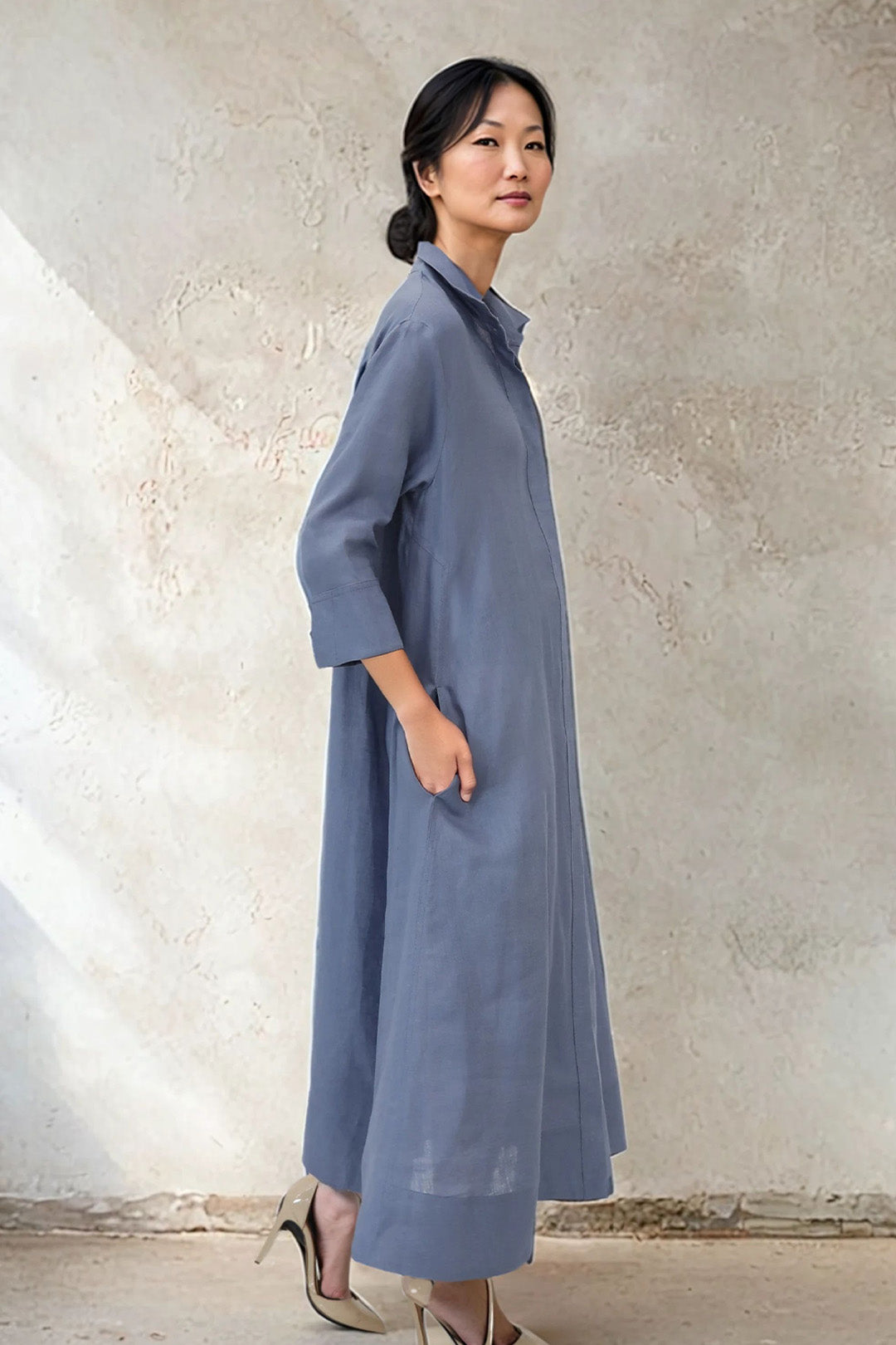 DANNI DRESS IN ITALIAN LINEN DUSTY BLUE