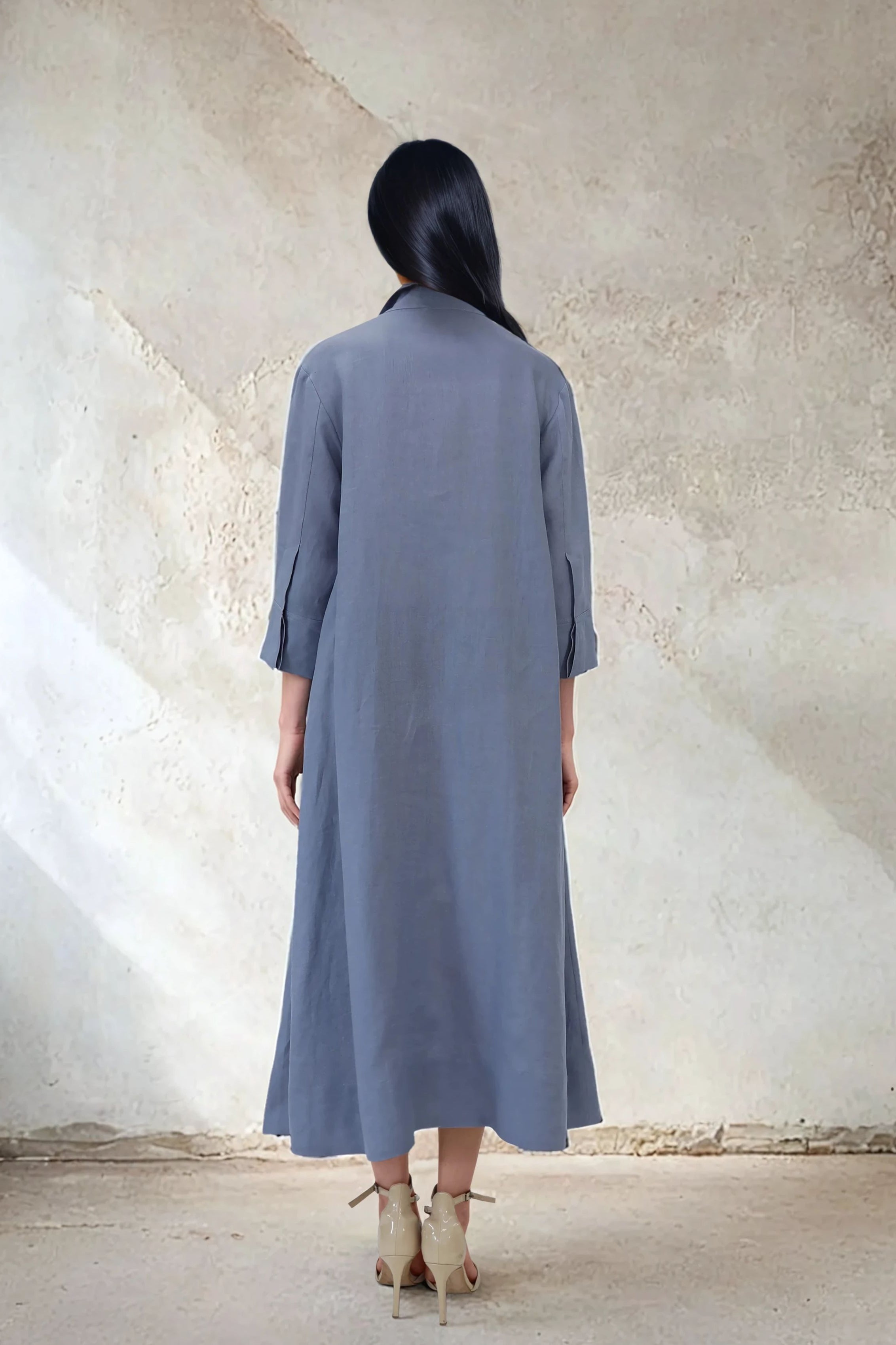 DANNI DRESS IN ITALIAN LINEN DUSTY BLUE