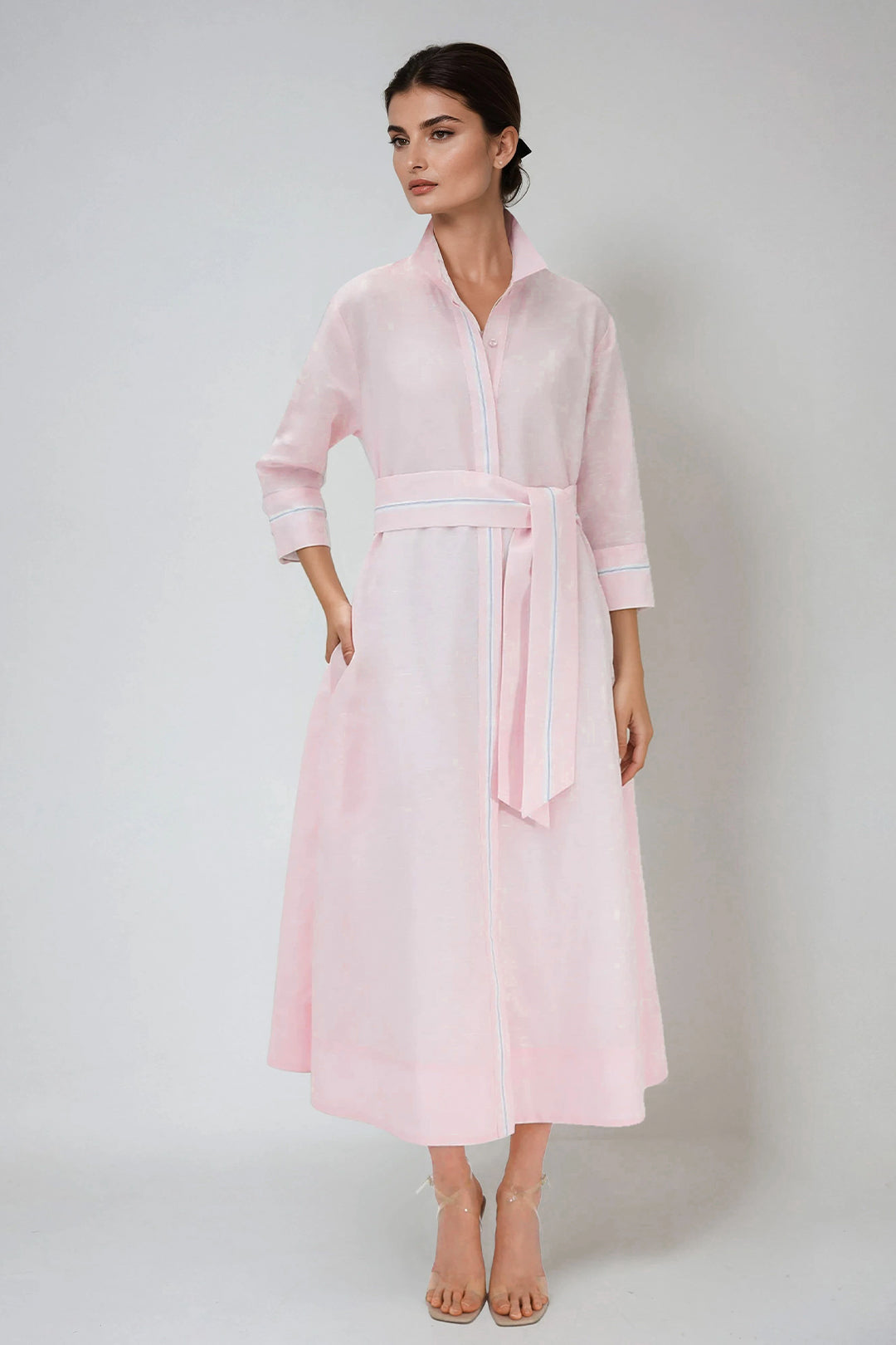 DANNI DRESS IN ITALIAN LINEN PINK STRIPE