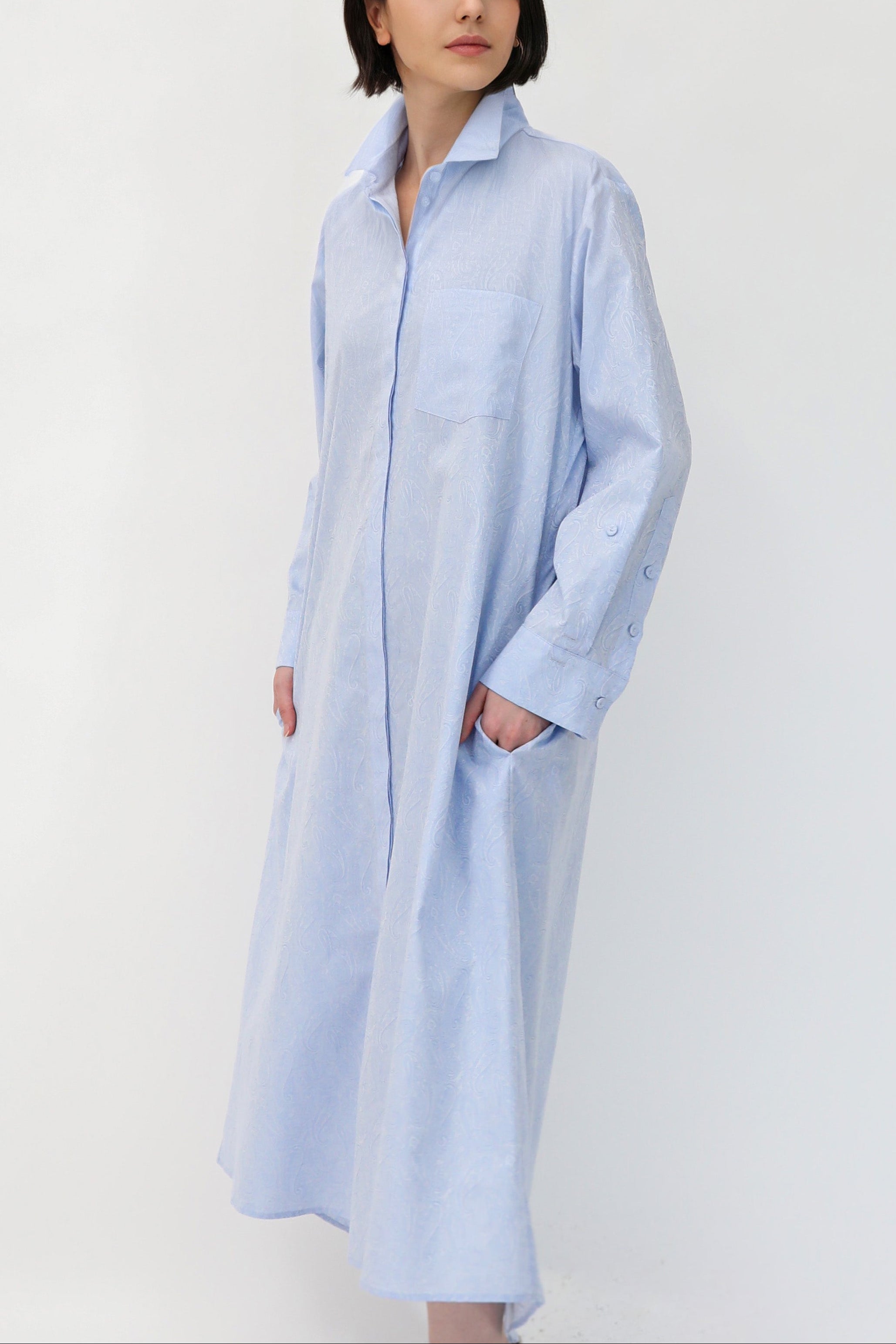 DELPHINE DRESS IN ITALIAN COTTON JACQUARD LIGHT BLUE PAISLEY