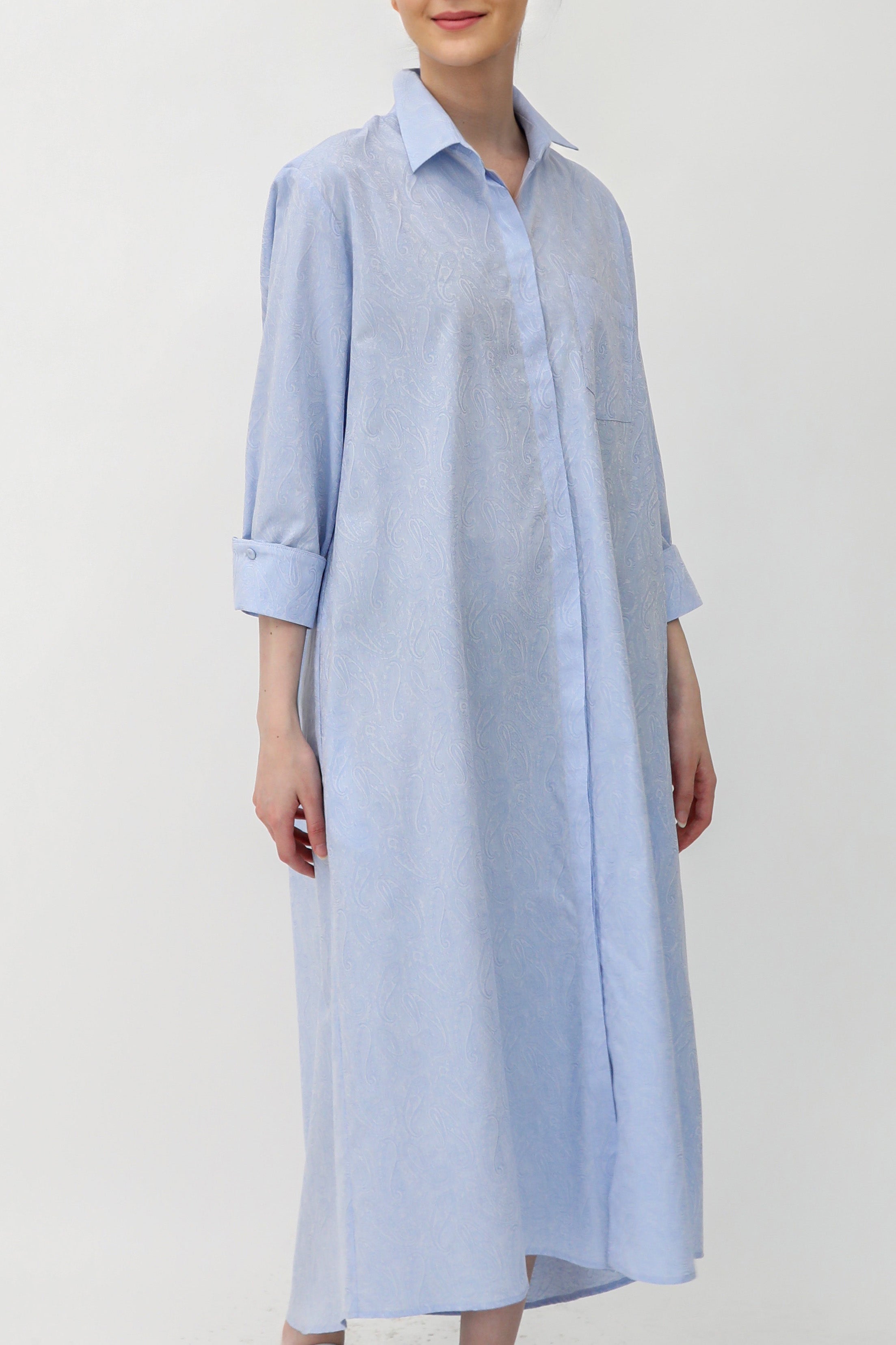 DELPHINE DRESS IN ITALIAN COTTON JACQUARD LIGHT BLUE PAISLEY