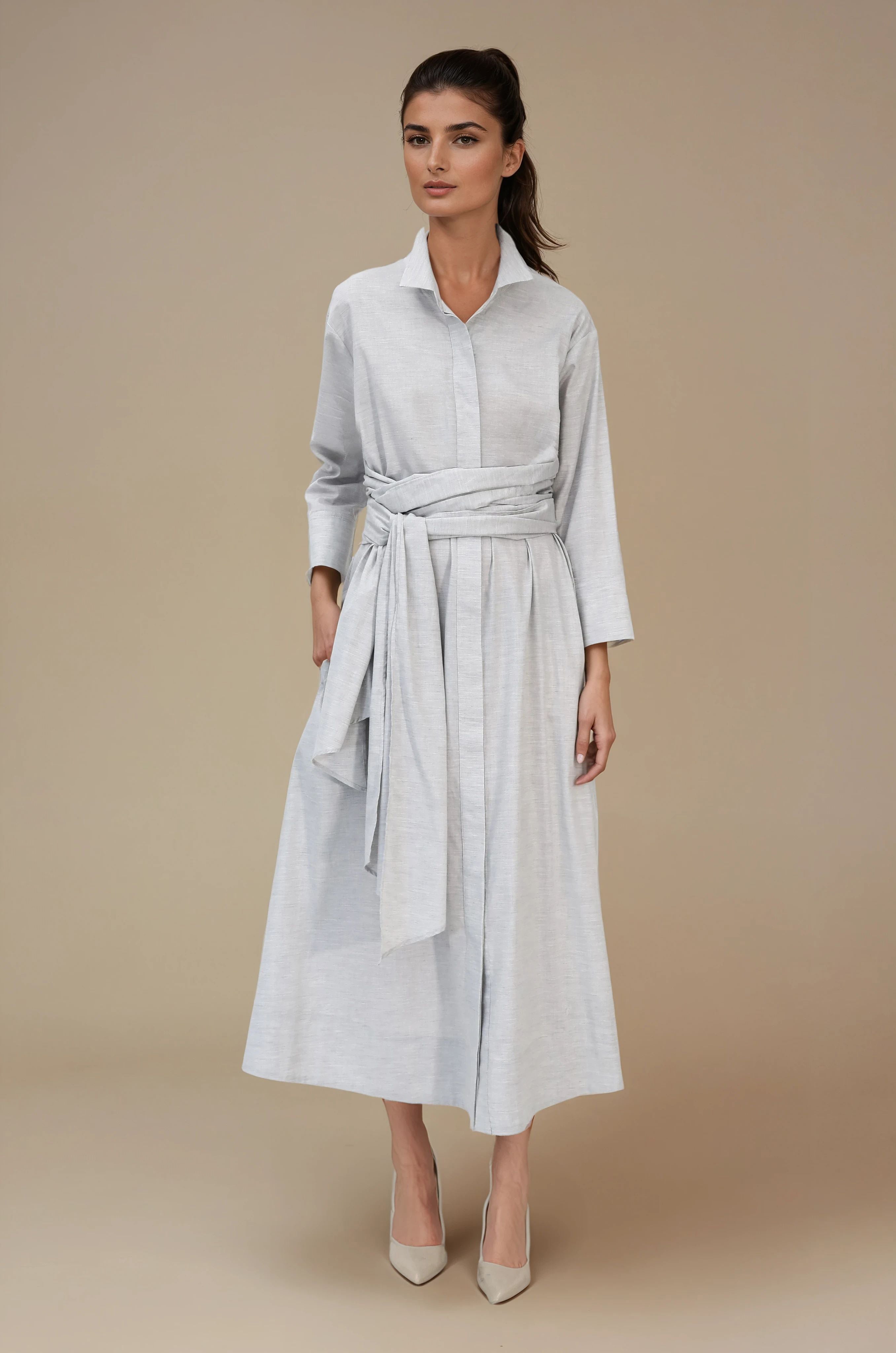 DUSK DRESS IN FINE ITALIAN POPLIN COTTON HEATHER GREY