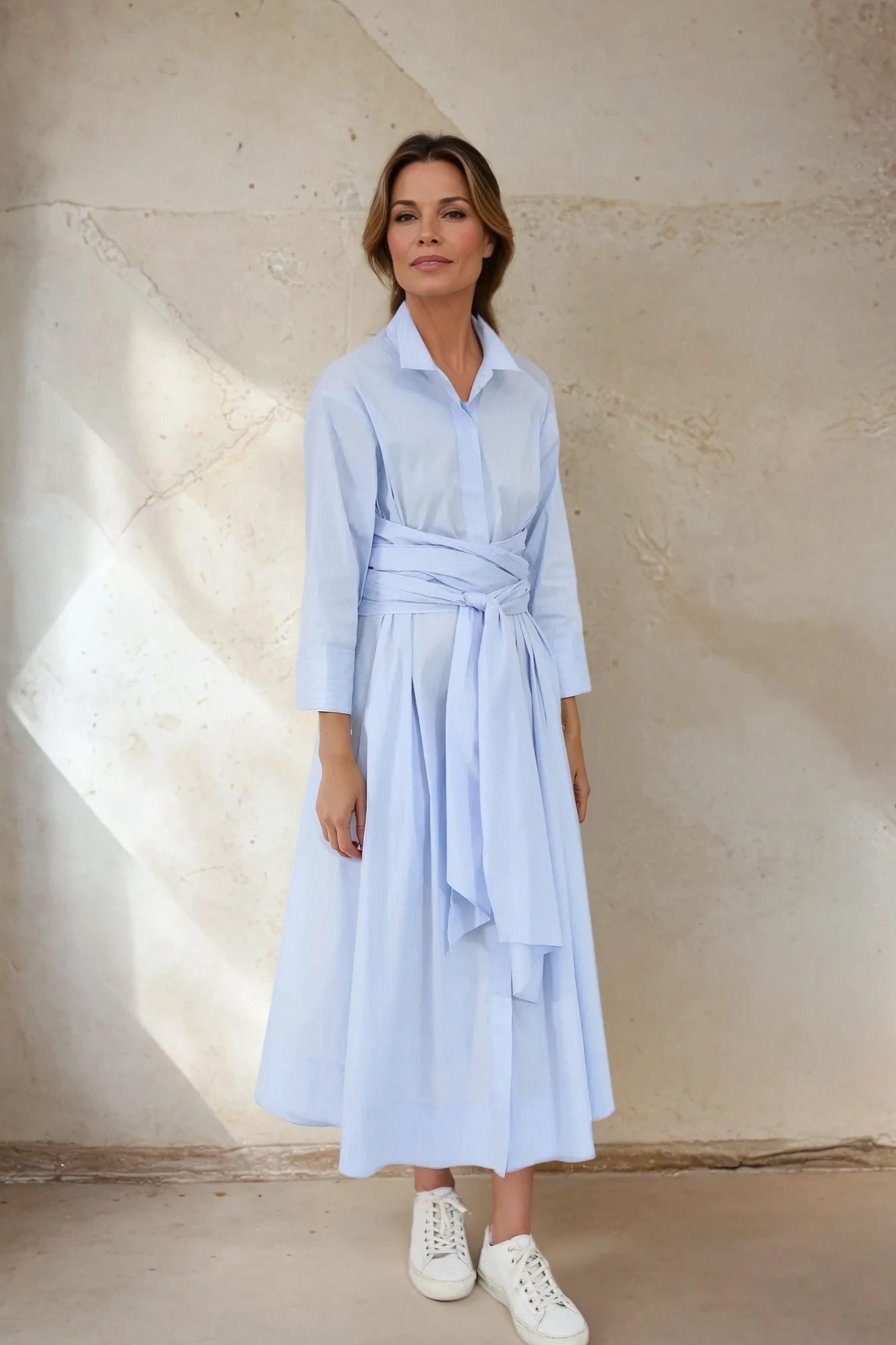 DUSK DRESS IN FINE ITALIAN COTTON STRETCH LIGHT BLUE PINSTRIPE