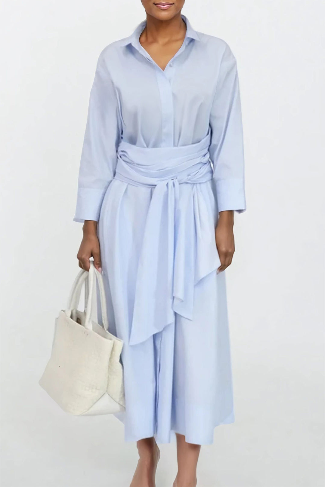 DUSK DRESS IN 100% FINE ITALIAN POPLIN COTTON LIGHT BLUE MICROSTRIPE