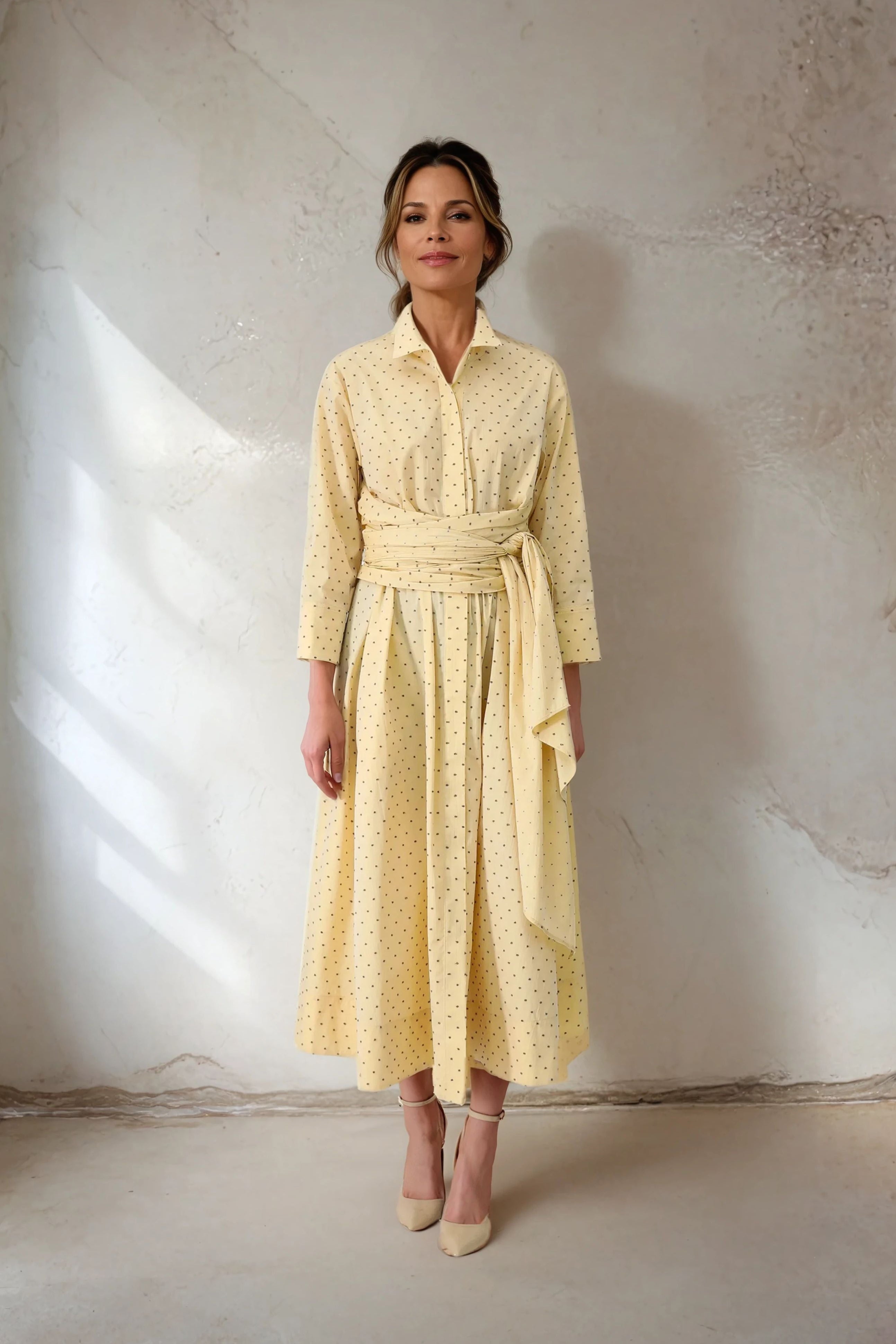 DUSK DRESS IN ITALIAN COTTON FINE POPLIN YELLOW DOT