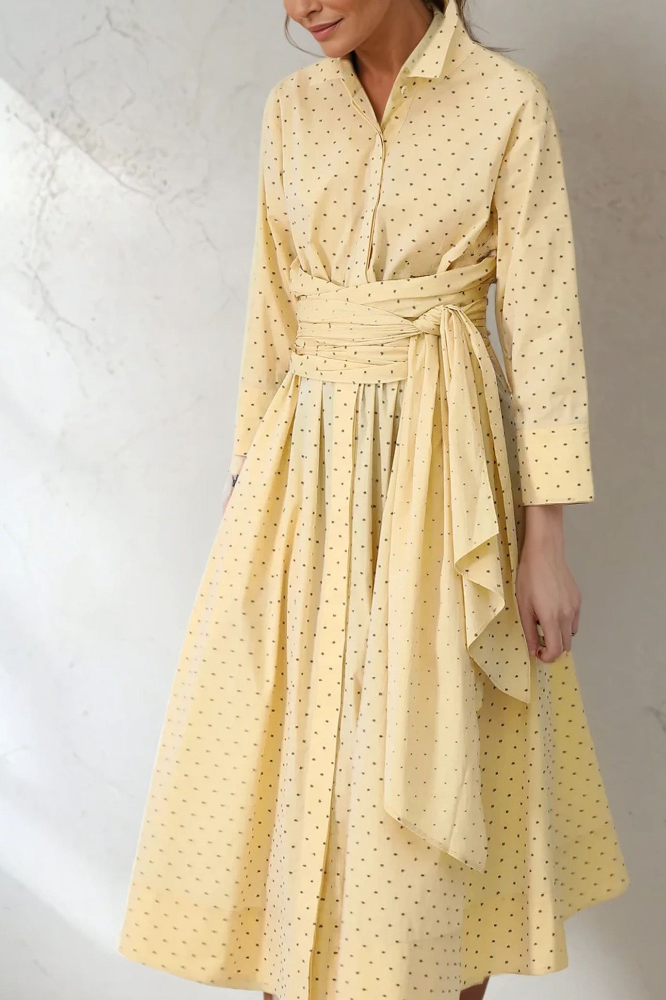 DUSK DRESS IN ITALIAN COTTON FINE POPLIN YELLOW DOT