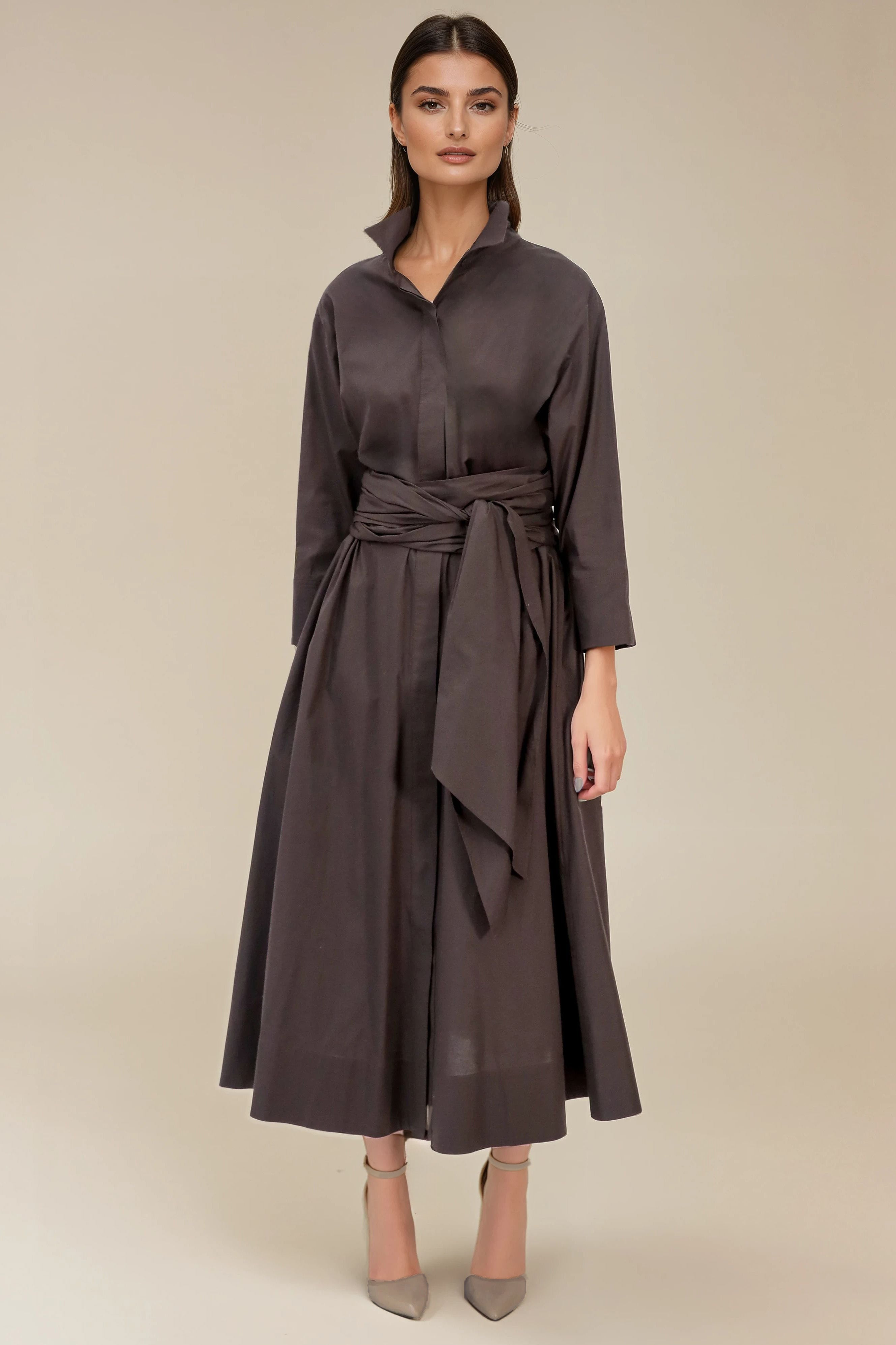 DUSK DRESS IN FINE ITALIAN POPLIN COTTON BLACK COFFEE ROAST