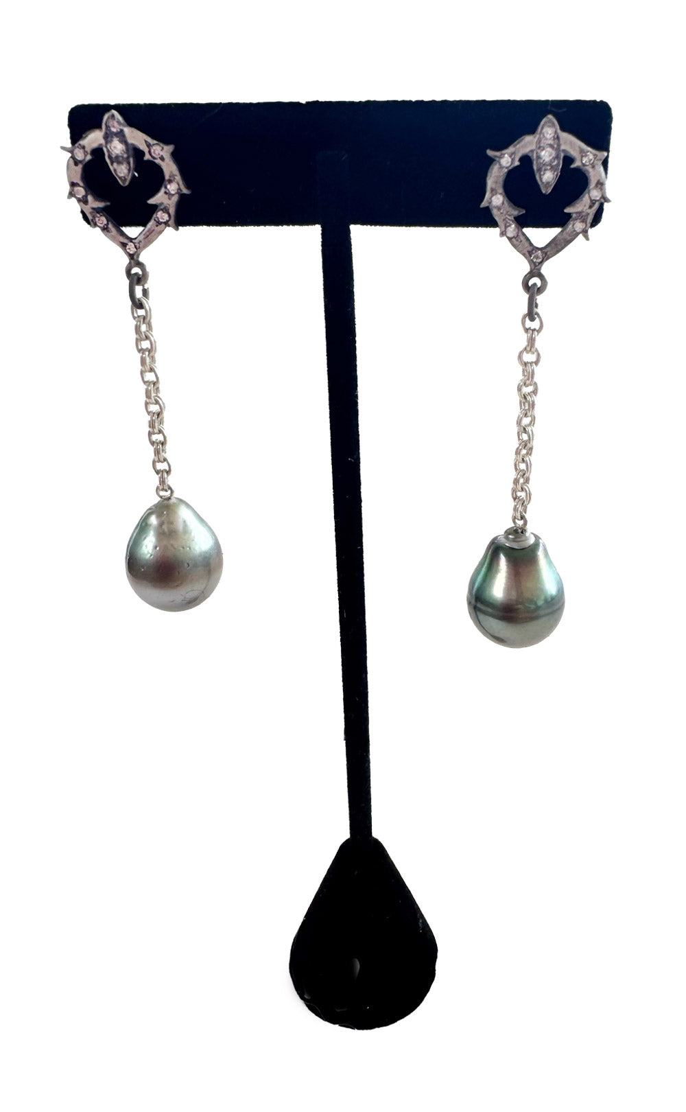 STERLING SILVER DIAMOND AND TAHITIAN PEARL DROP EARRING