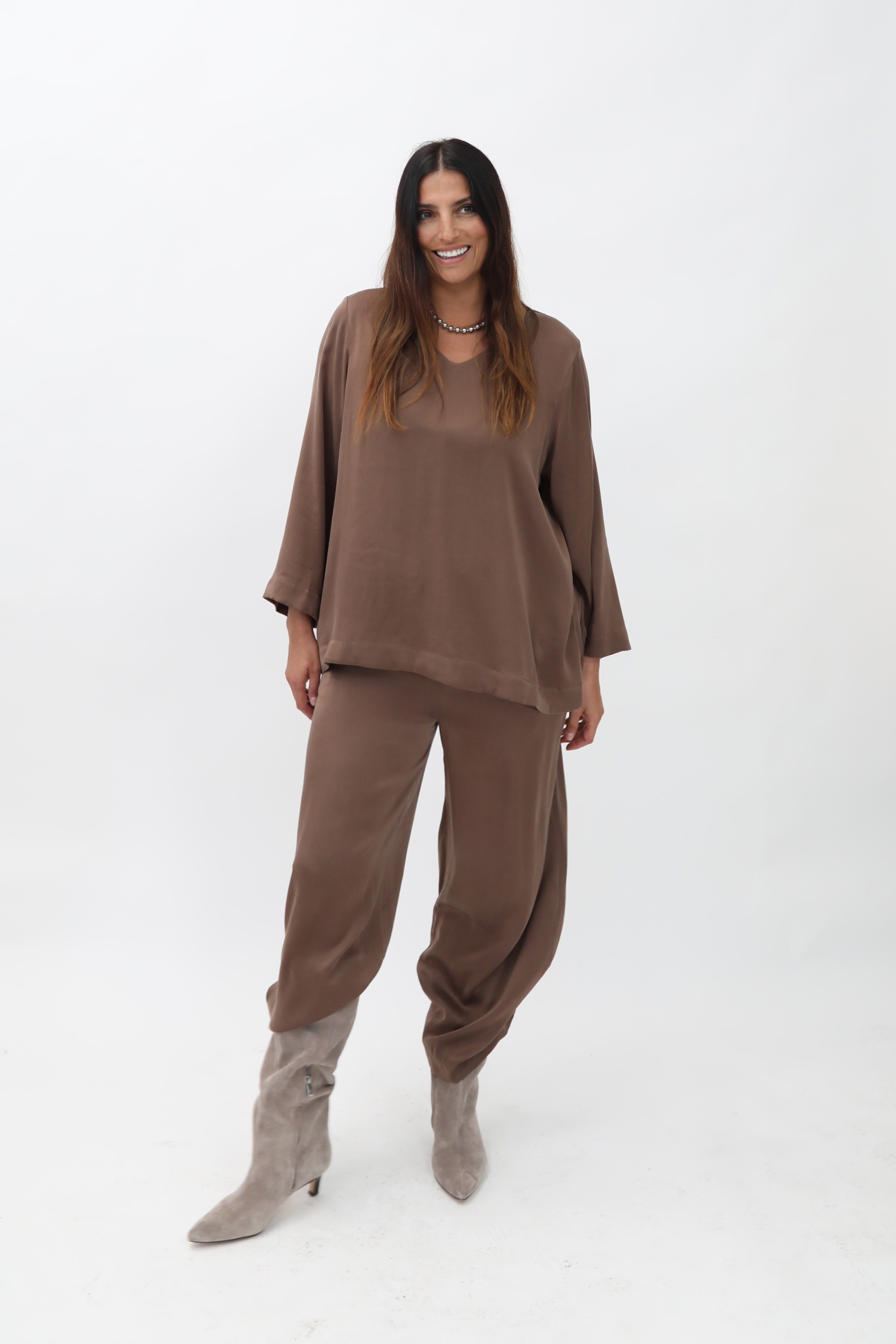 INES V-NECK TUNIC IN GARMENT DYED SILK CHARMEUSE