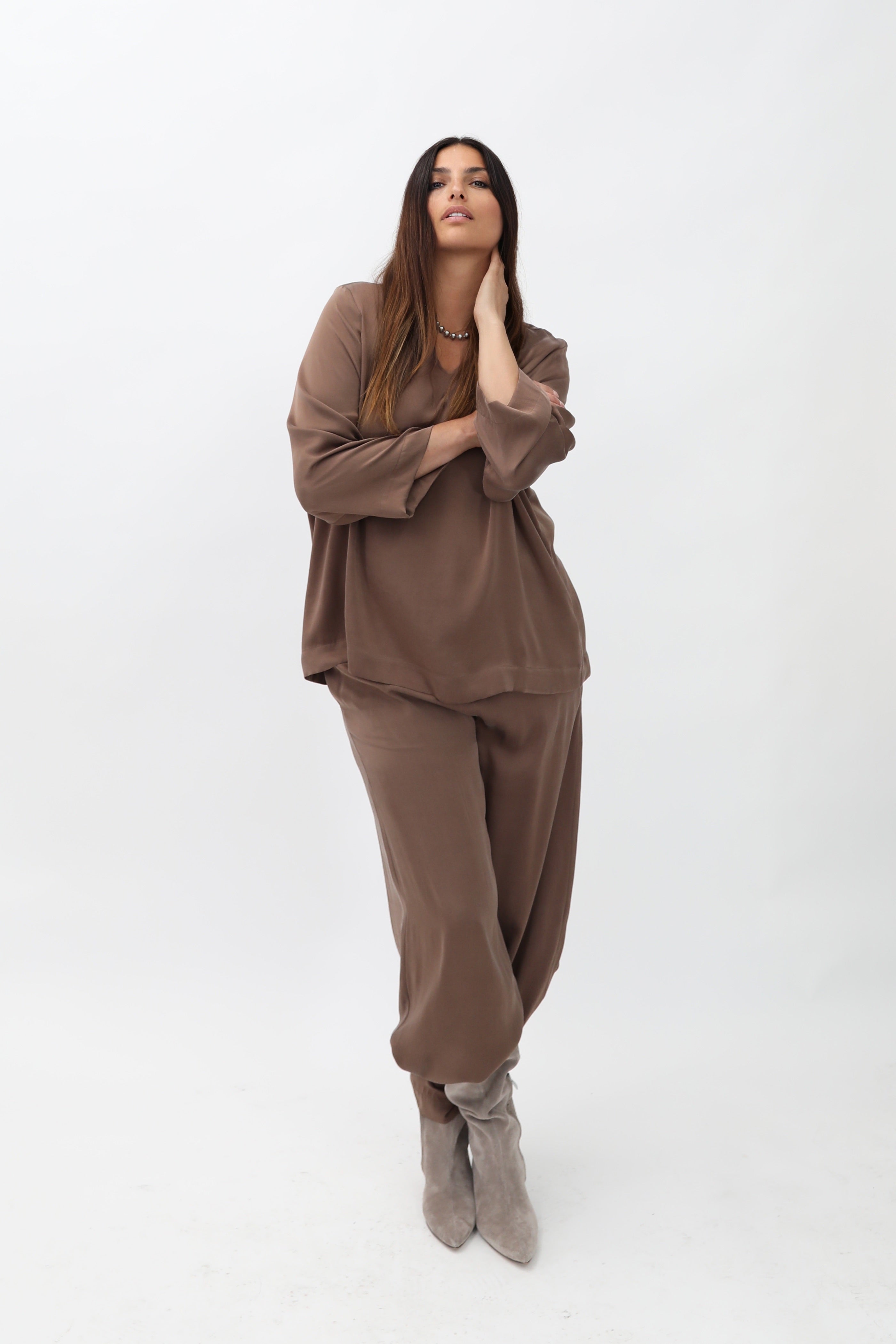 INES V-NECK TUNIC IN GARMENT DYED SILK CHARMEUSE