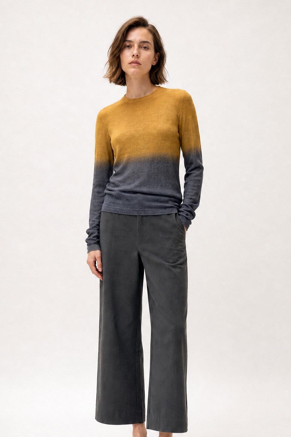 SOREN CREW IN HAND DYED CASHMERE IN OCHRE CHARCOAL
