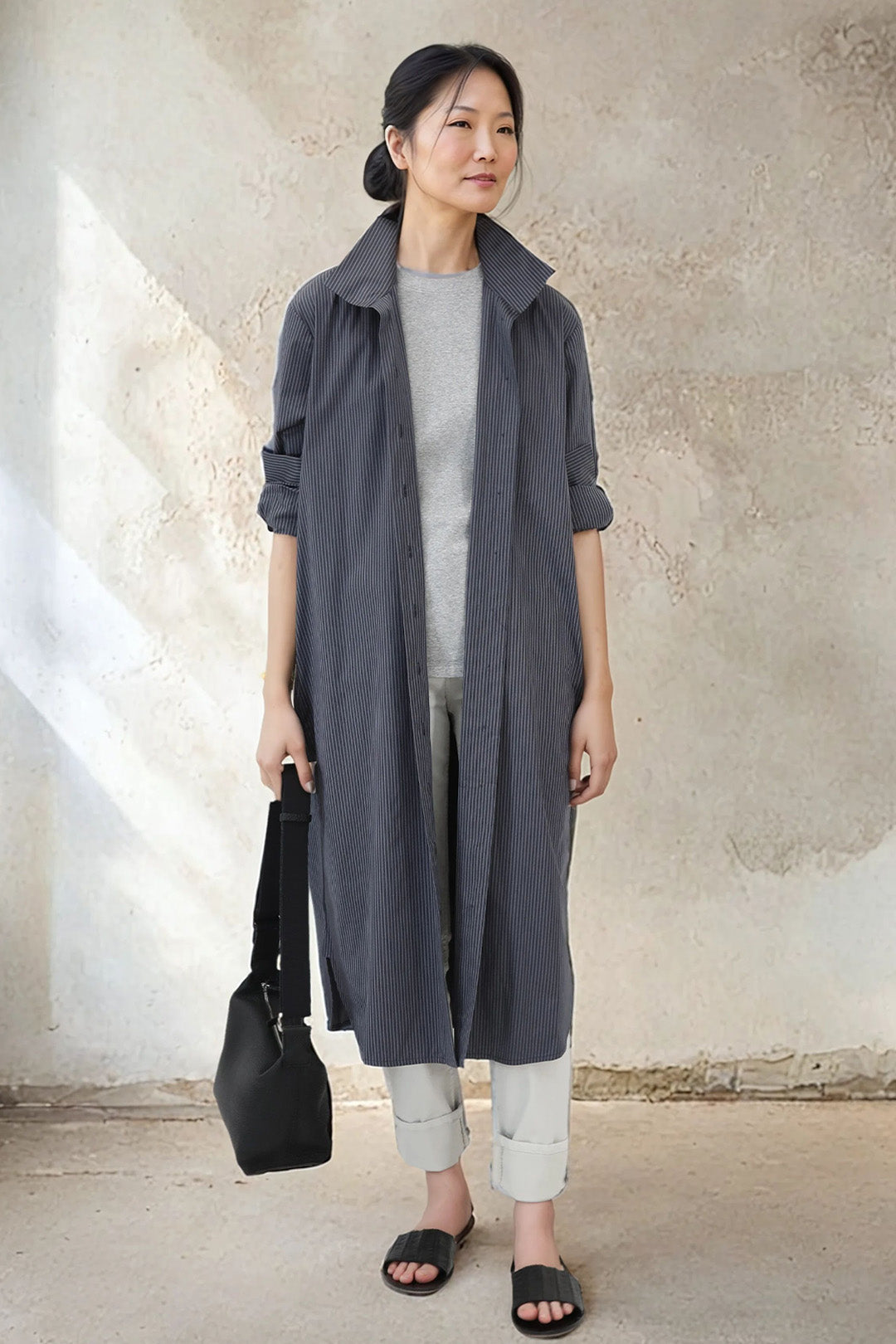 ULTIMO SHIRTDRESS IN PREMIUM ITALIAN COTTON DARK GREY STRIPE