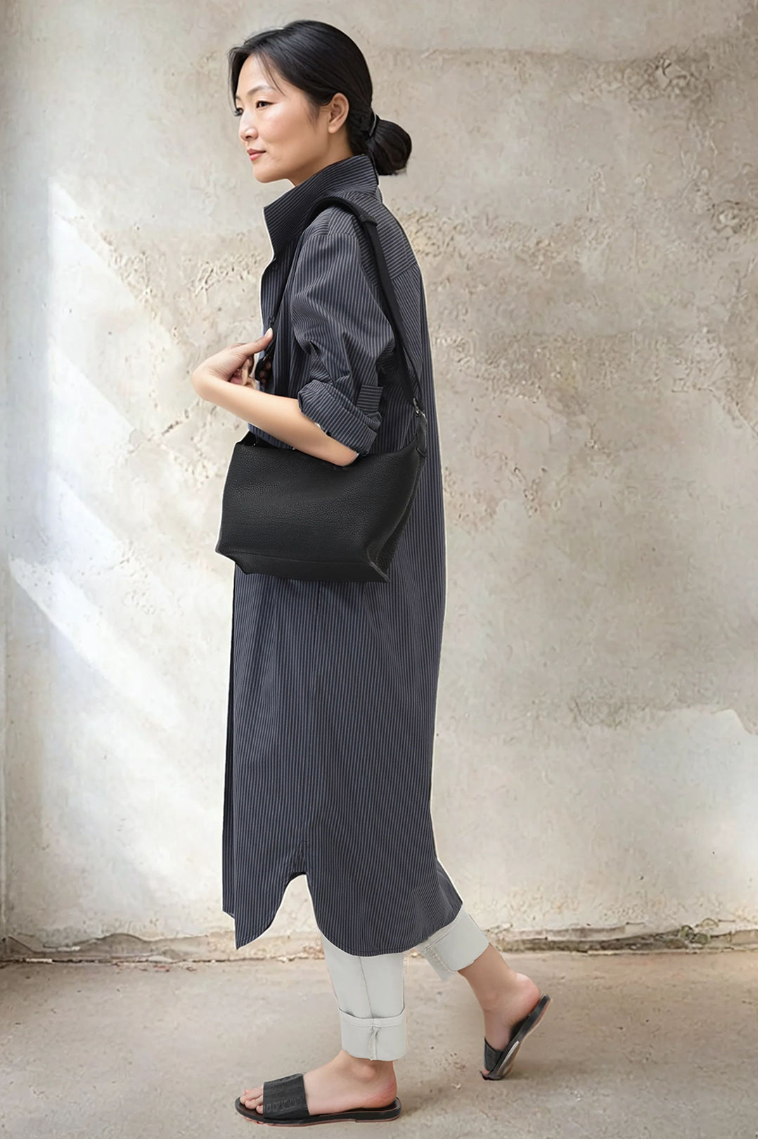 ULTIMO SHIRTDRESS IN PREMIUM ITALIAN COTTON DARK GREY STRIPE
