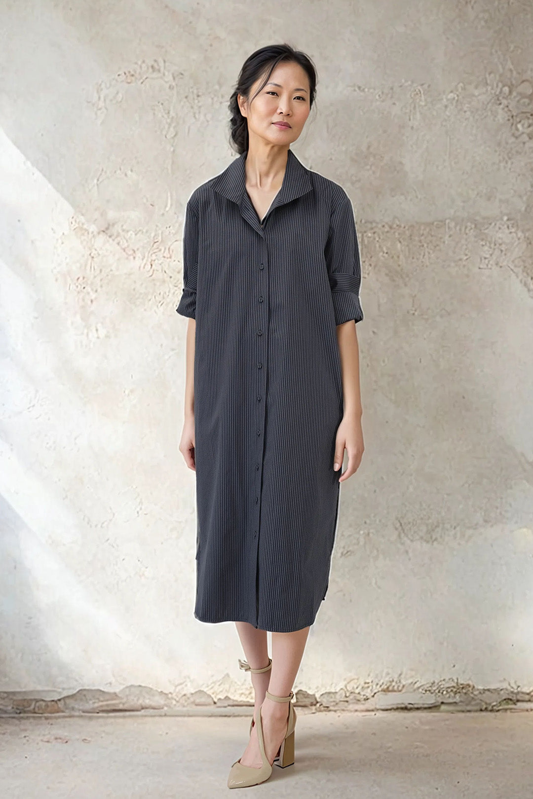 ULTIMO SHIRTDRESS IN PREMIUM ITALIAN COTTON DARK GREY STRIPE