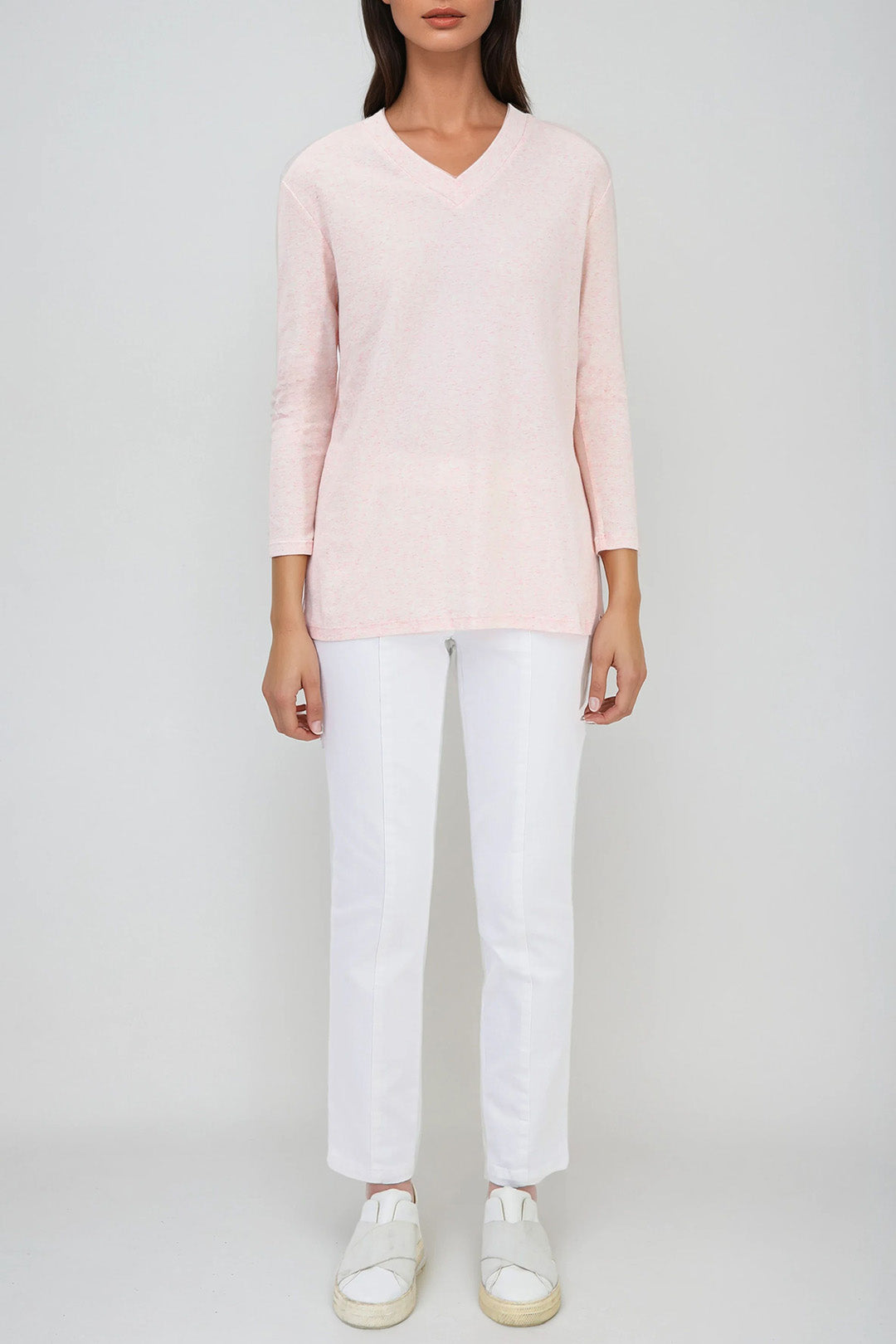 A LINE V NECK BRACELET SLEEVE IN HEATHERED PIMA STRETCH