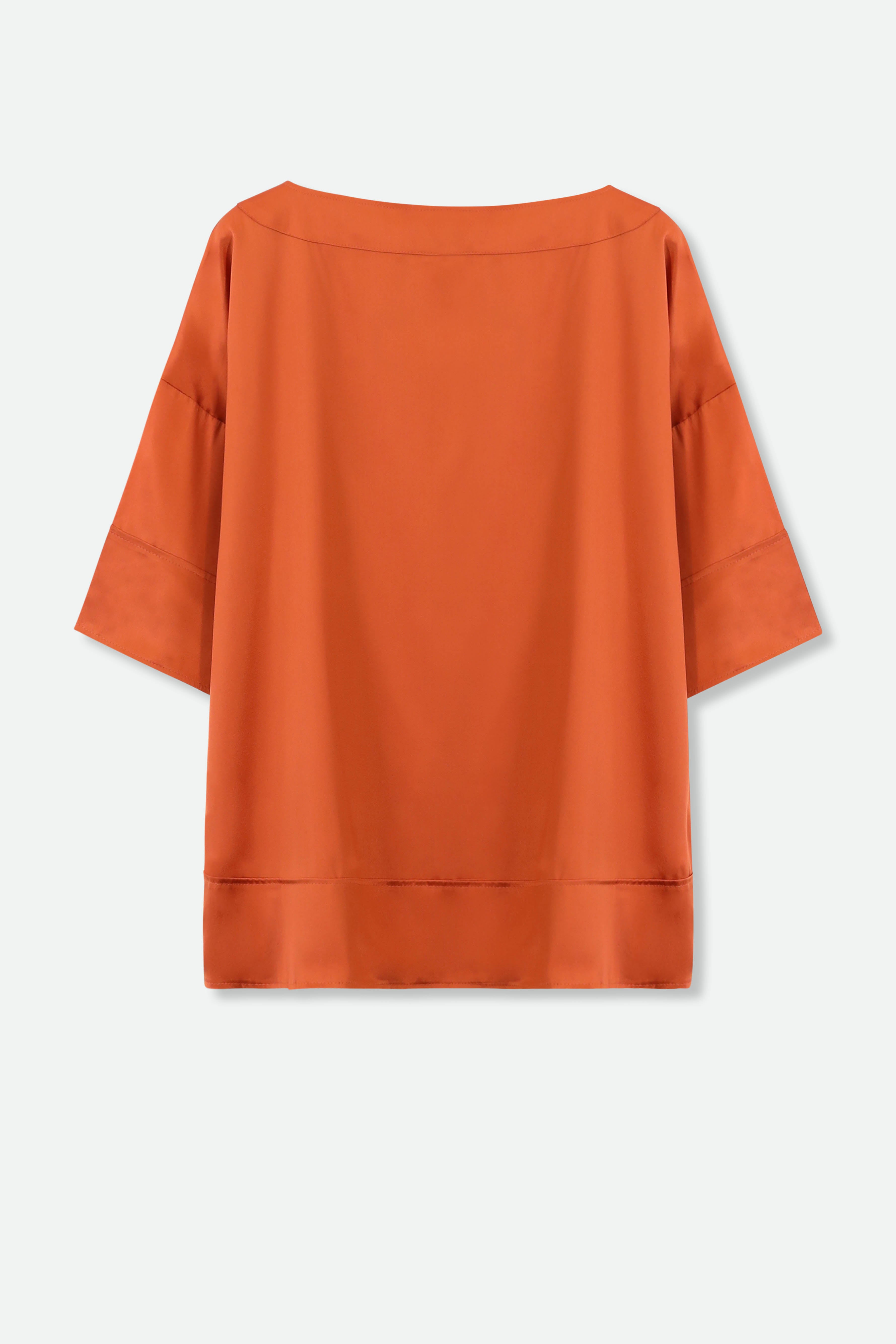 SHELLA SHORT SLEEVE BLOUSE IN BURNT ORANGE SILK CHARMEUSE