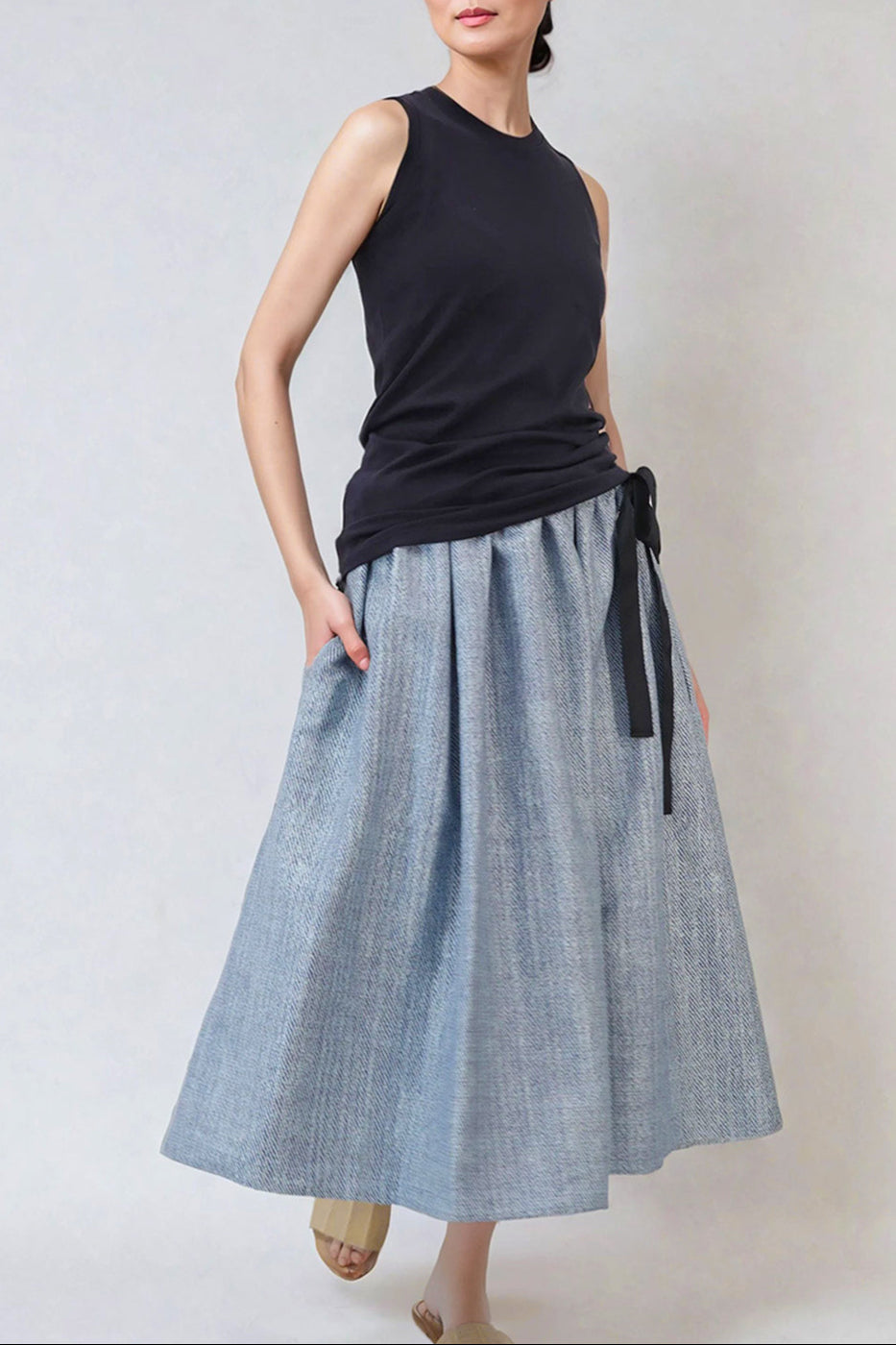 MAEVE DRAWSTRING SKIRT IN ITALIAN JACQUARD LIGHT BLUE
