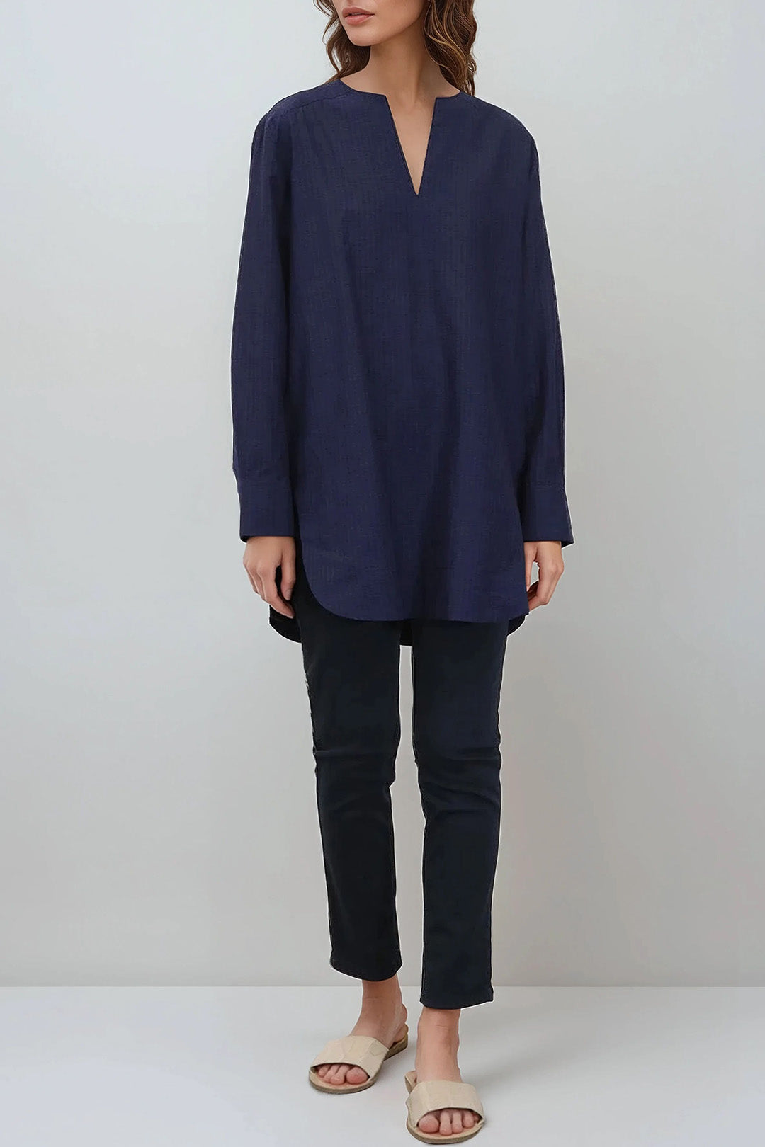 MARAKESH SHIRT IN ITALIAN COTTON-LINEN NAVY BLUE
