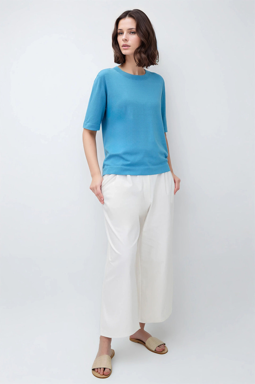 NICO TENNIS ELBOW SLEEVE CREW IN FINE GAUGE ITALIAN SILK COTTON