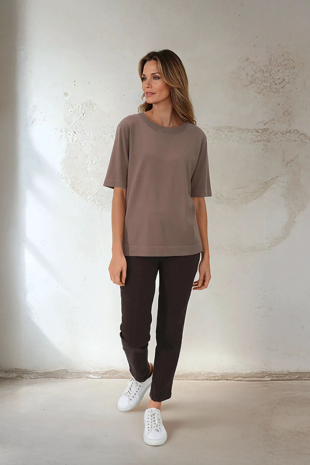 NICO TENNIS ELBOW SLEEVE CREW IN FINE GAUGE ITALIAN SILK COTTON