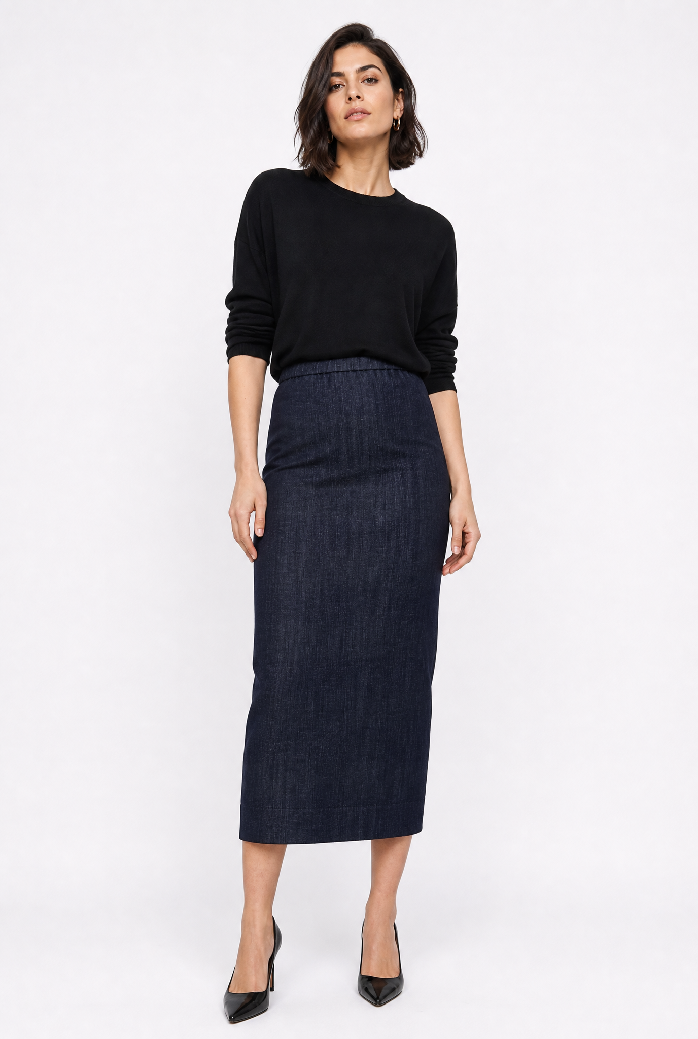 PISA LONG KICK PLEAT SKIRT IN STRETCH DENIM
