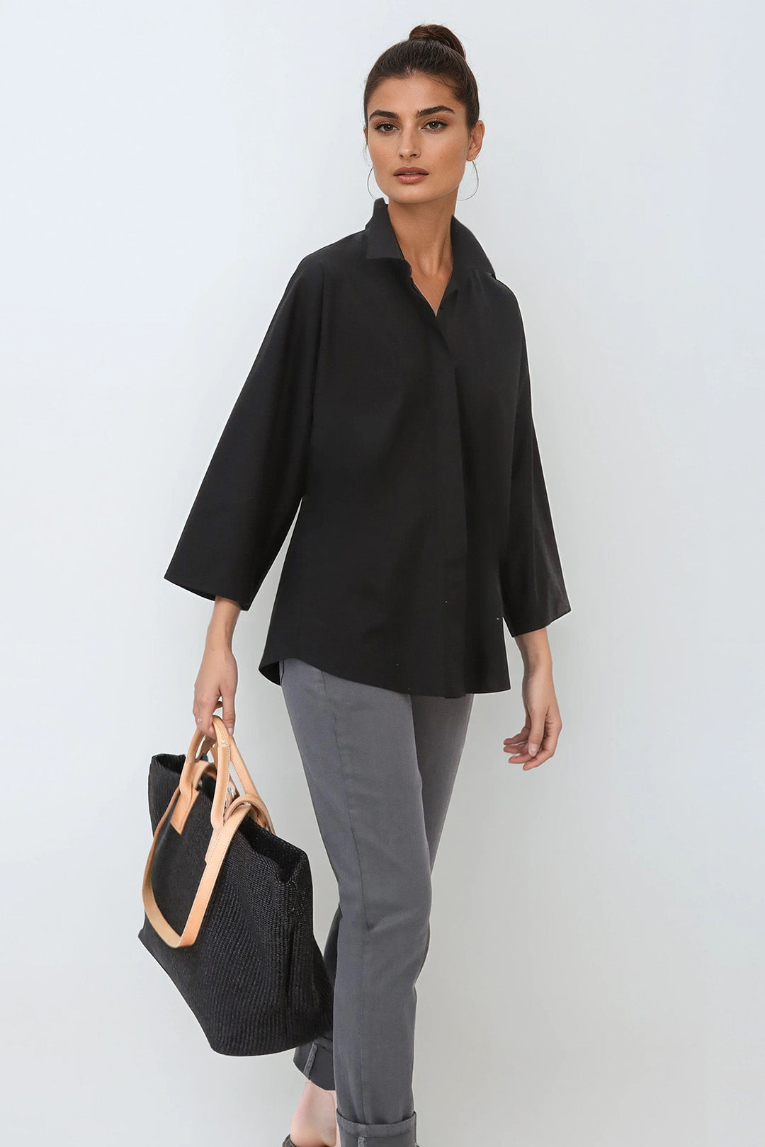 REMI KIMONO SLEEVE SHIRT IN ITALIAN COTTON STRETCH BLACK