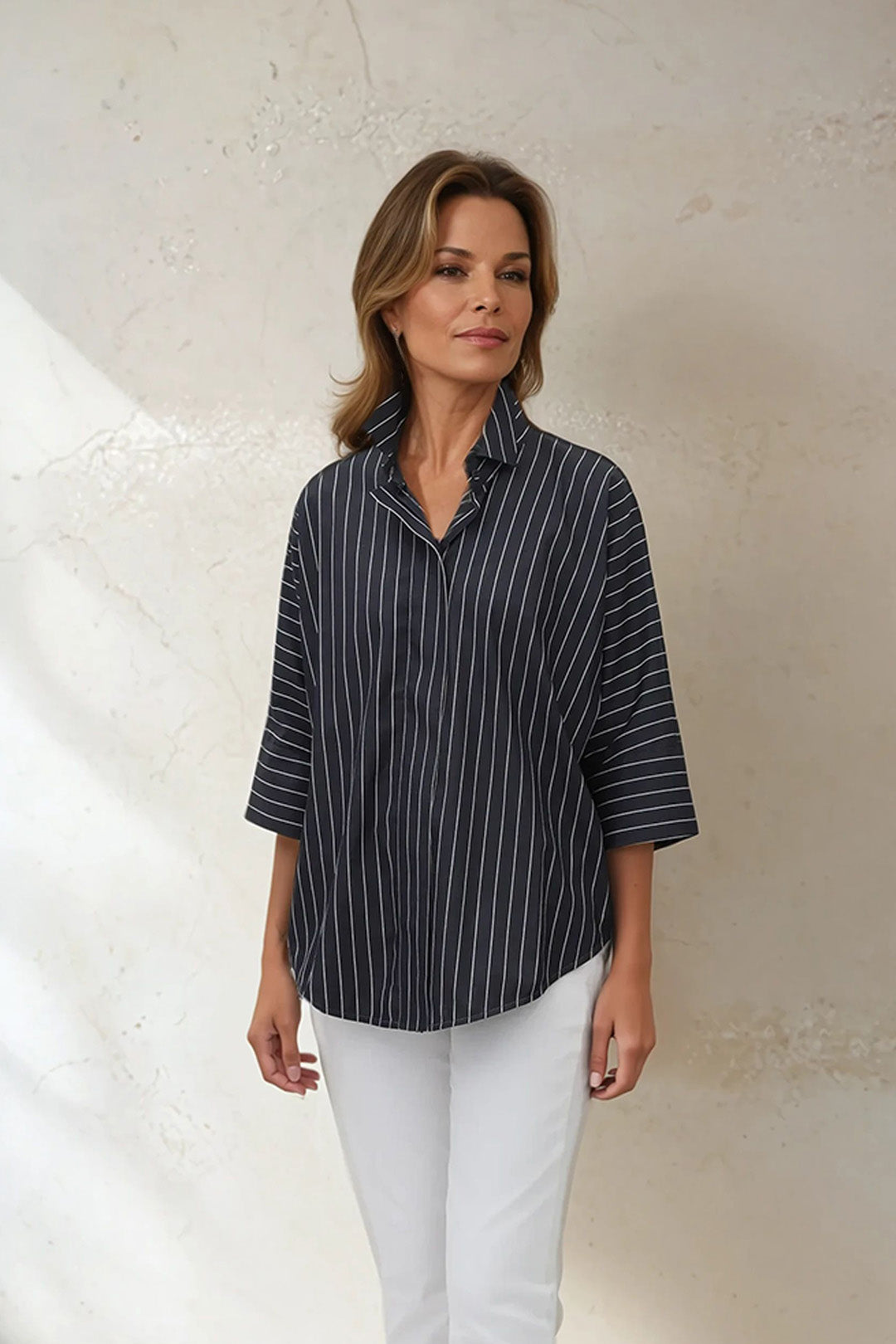 SAHANA DOLMAN IN ITALIAN COTTON CHARCOAL STRIPE JACQUARD