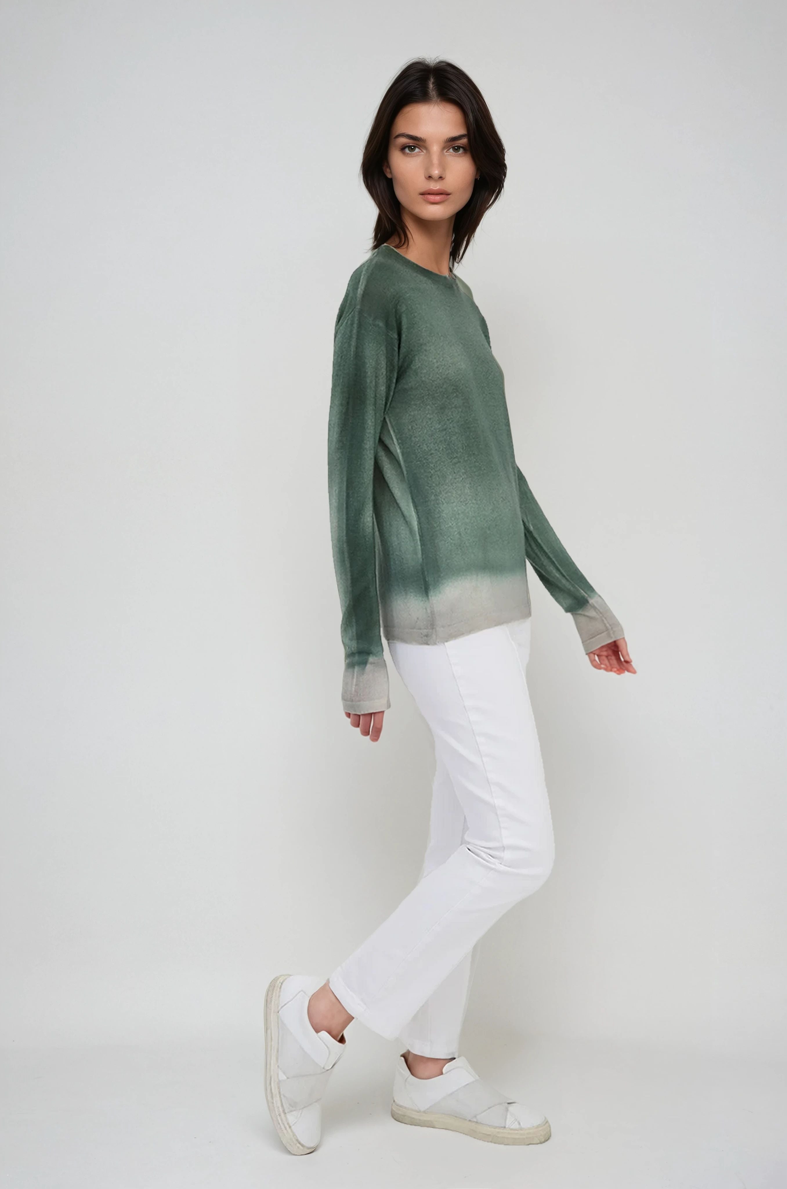 SHILOH CREW IN HAND-DYED CASHMERE FERN BUFF BEIGE STRIPE