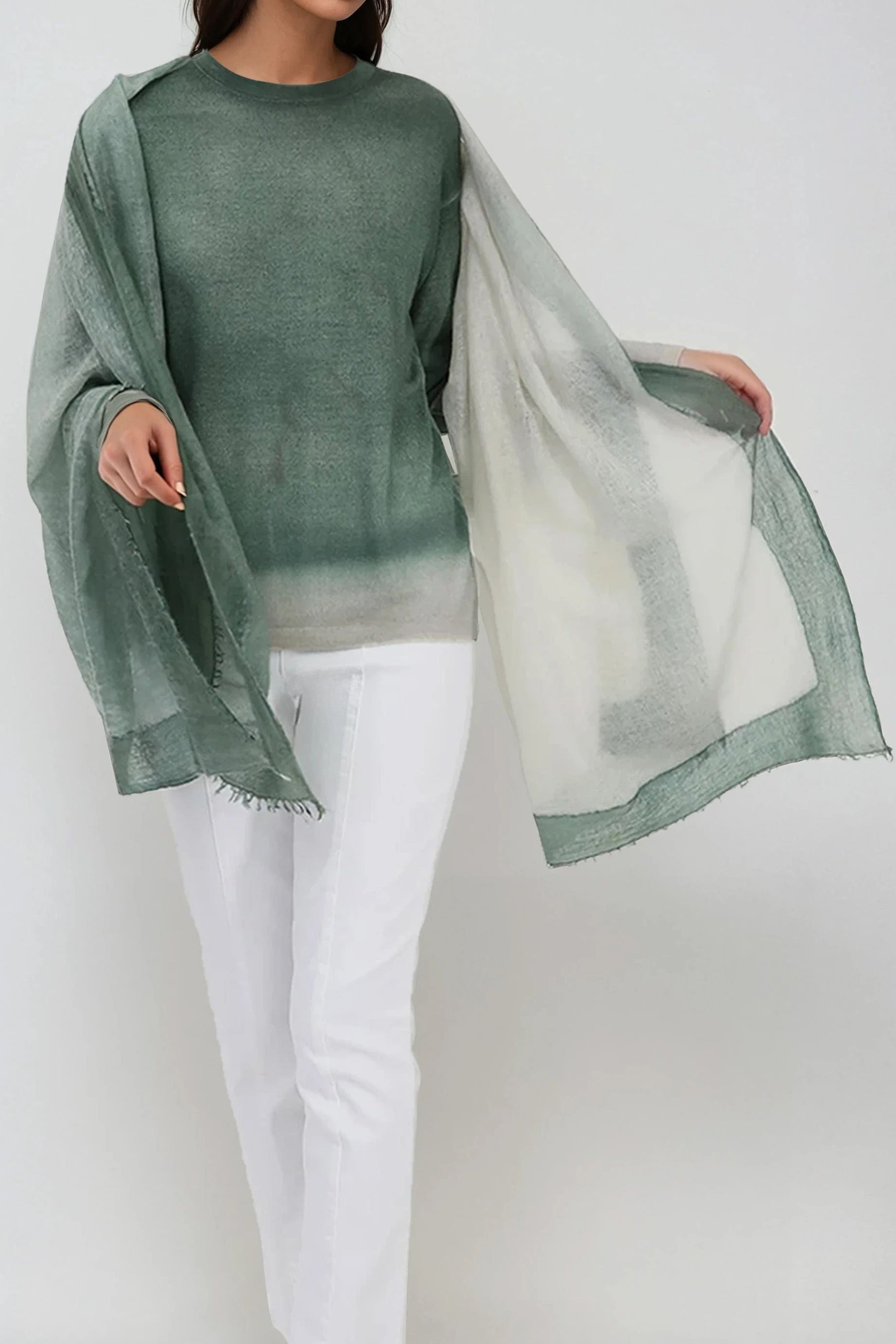 SCARF IN HAND DYED CASHMERE FERN BUFF BEIGE STRIPE