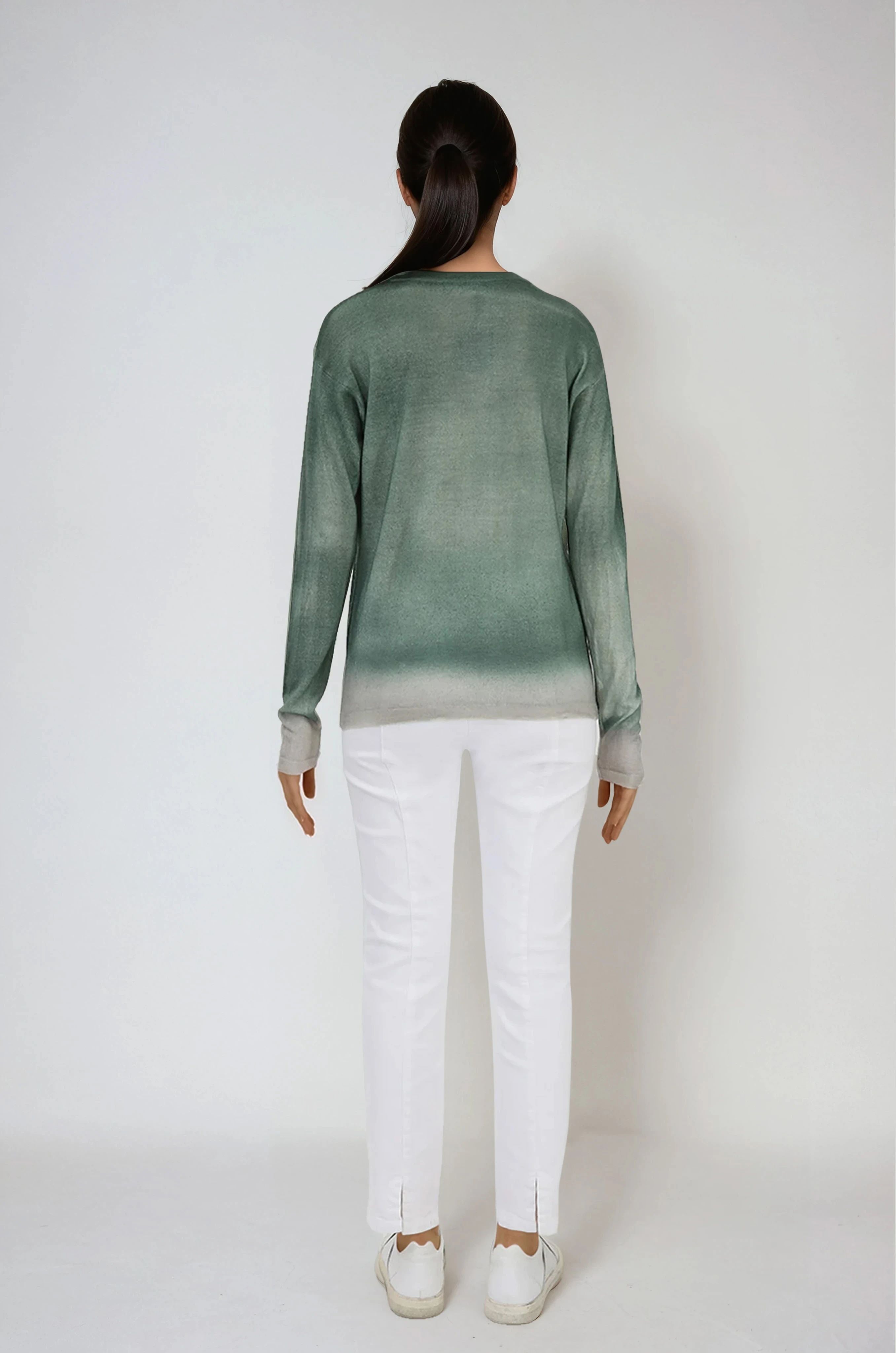 SHILOH CREW IN HAND-DYED CASHMERE FERN BUFF BEIGE STRIPE