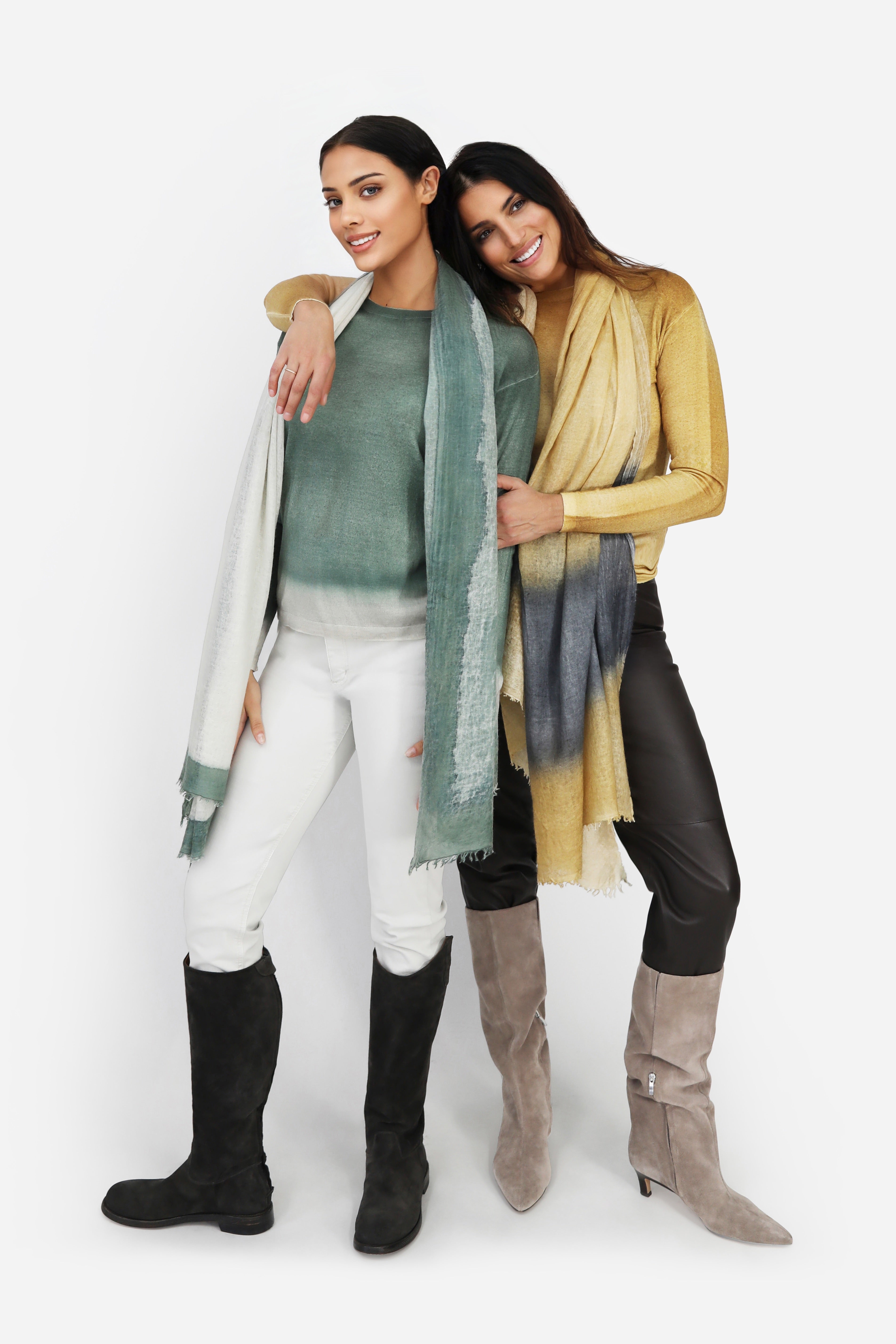 SHILOH CREW IN HAND-DYED CASHMERE GOLD CHARCOAL STRIPE