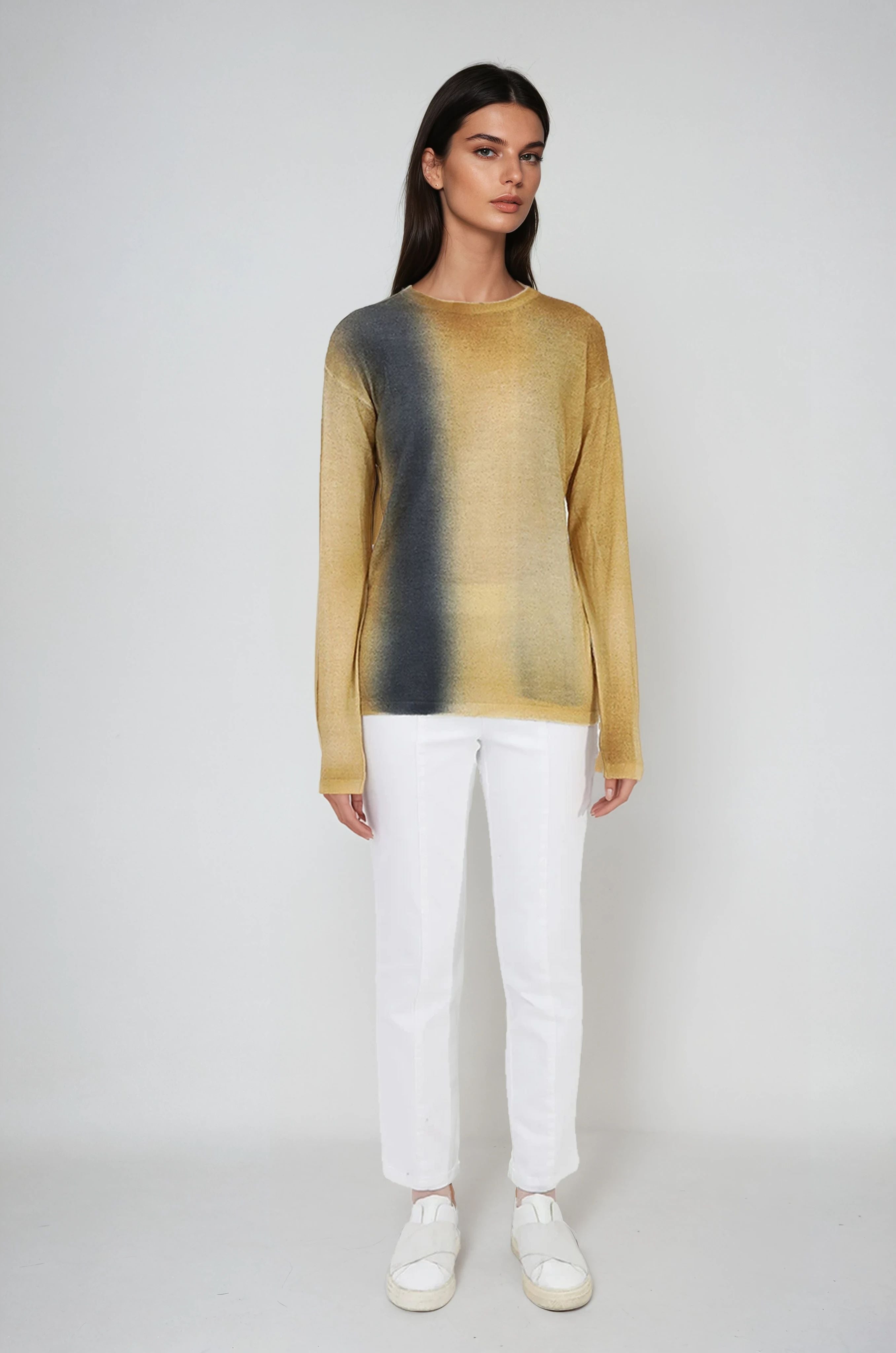 SHILOH CREW IN HAND-DYED CASHMERE GOLD CHARCOAL STRIPE