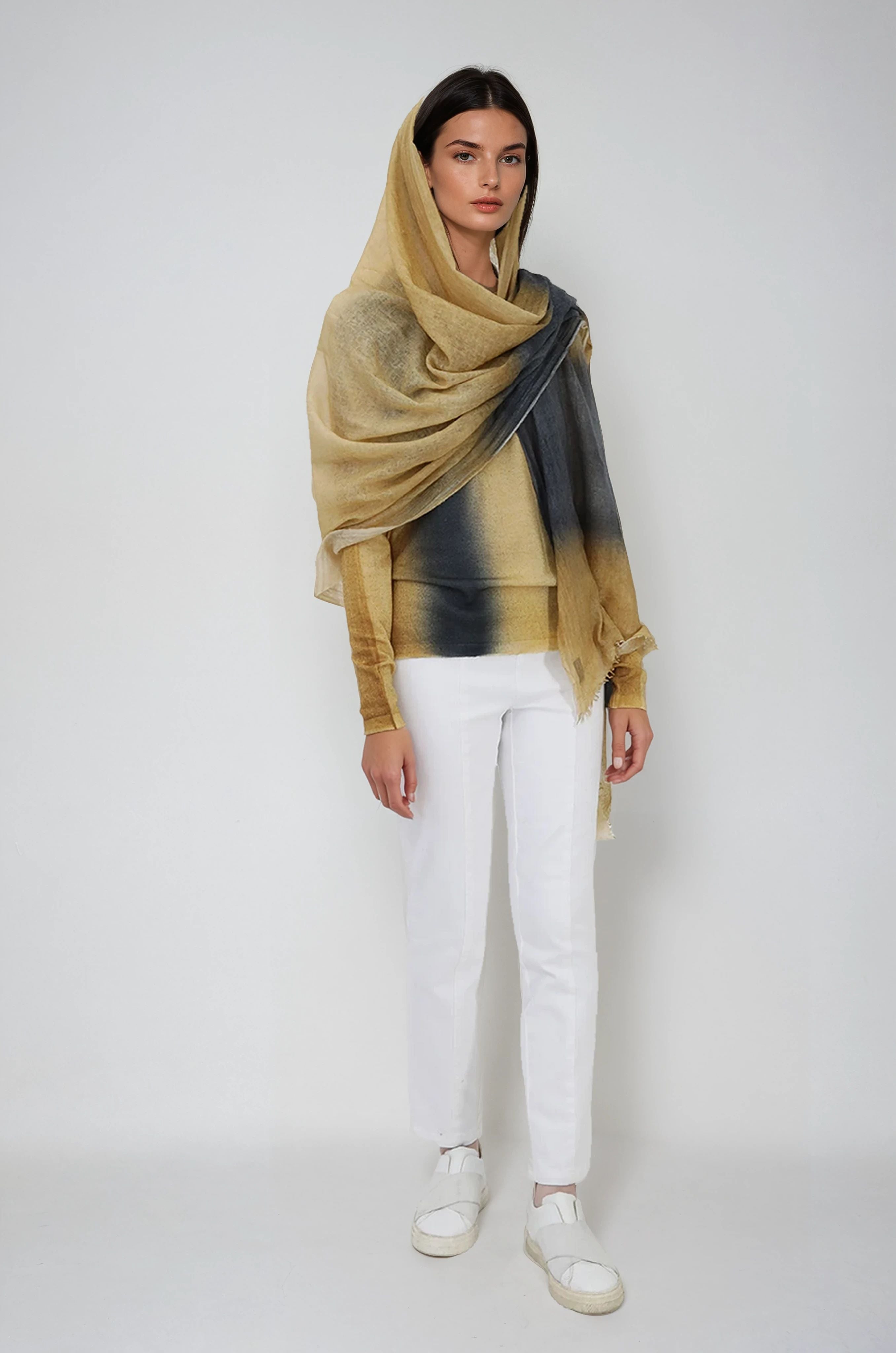 SCARF IN HAND DYED CASHMERE GOLD CHARCOAL STRIPE