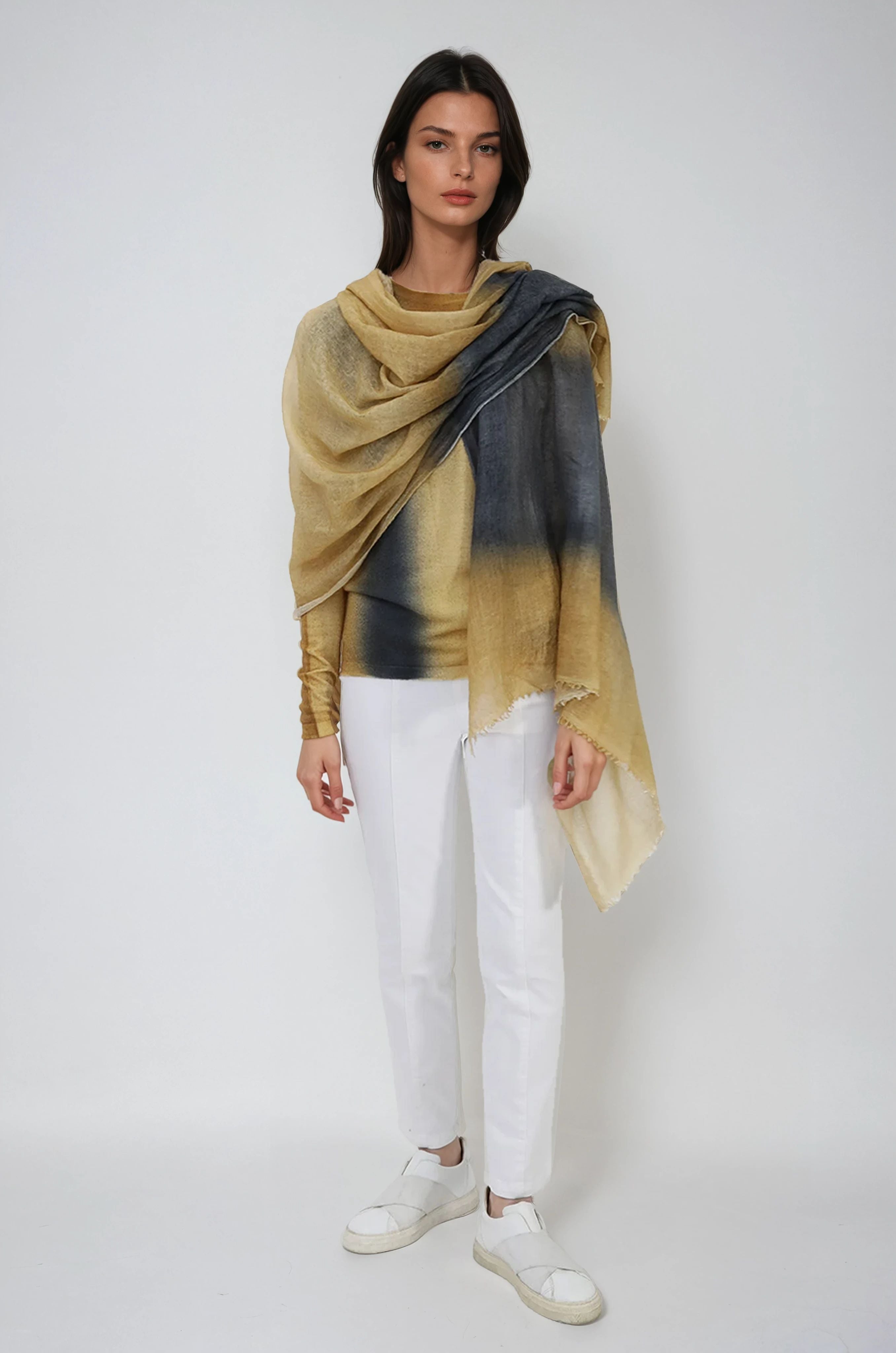 SCARF IN HAND DYED CASHMERE GOLD CHARCOAL STRIPE