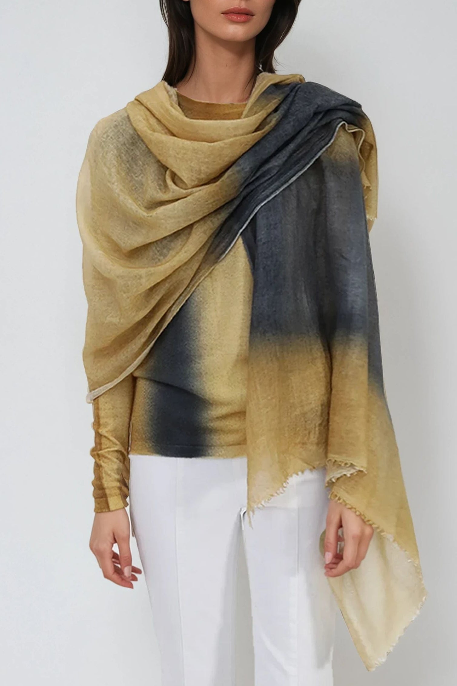 SCARF IN HAND DYED CASHMERE GOLD CHARCOAL STRIPE