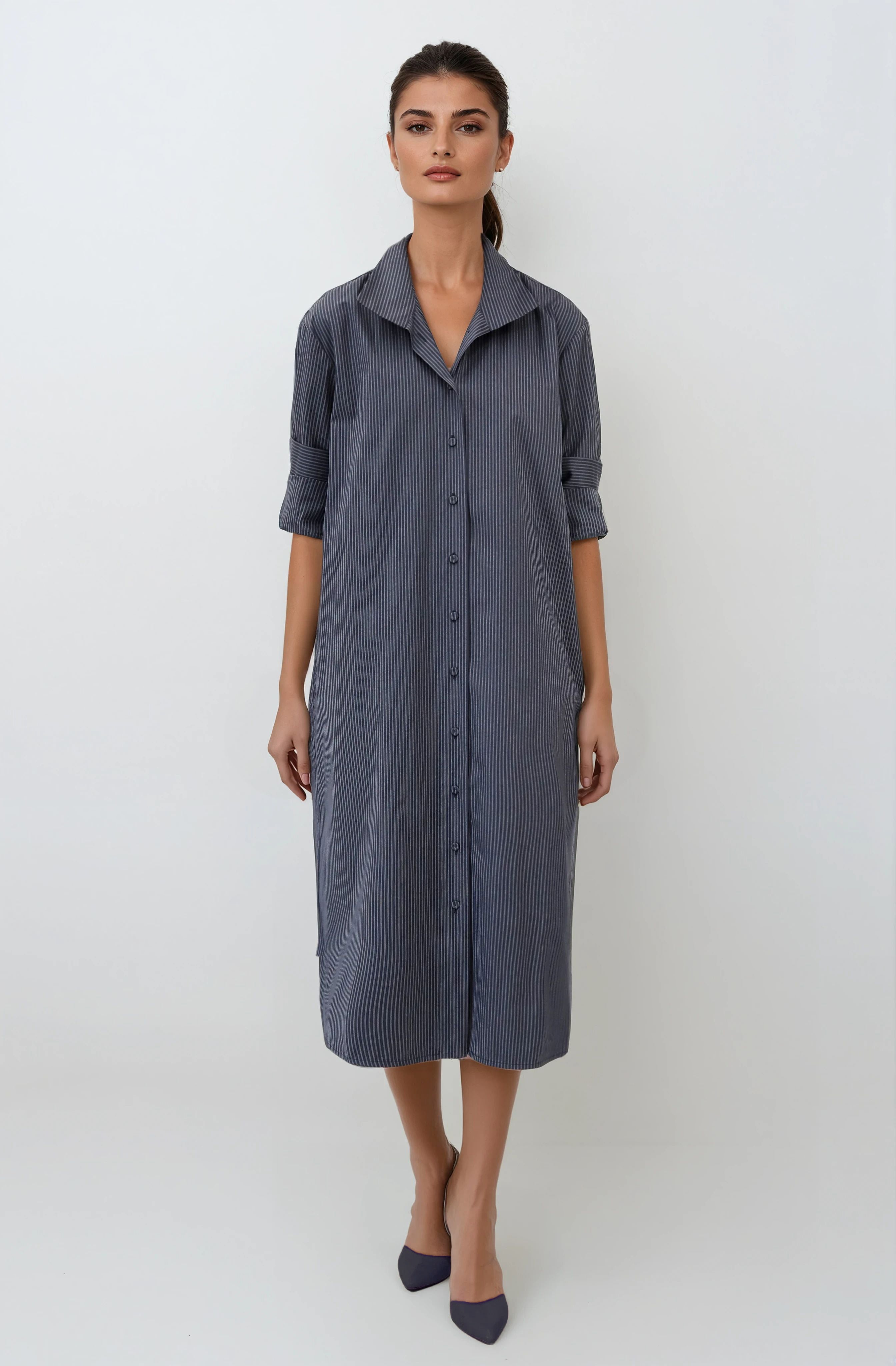 SHIRTDRESS IN PREMIUM ITALIAN COTTON DARK GREY STRIPE
