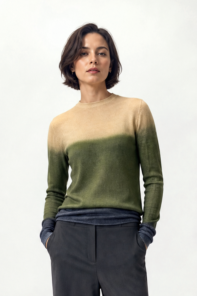 SOREN CREW IN HAND DYED CASHMERE IN WHEAT & ARMY GREEN