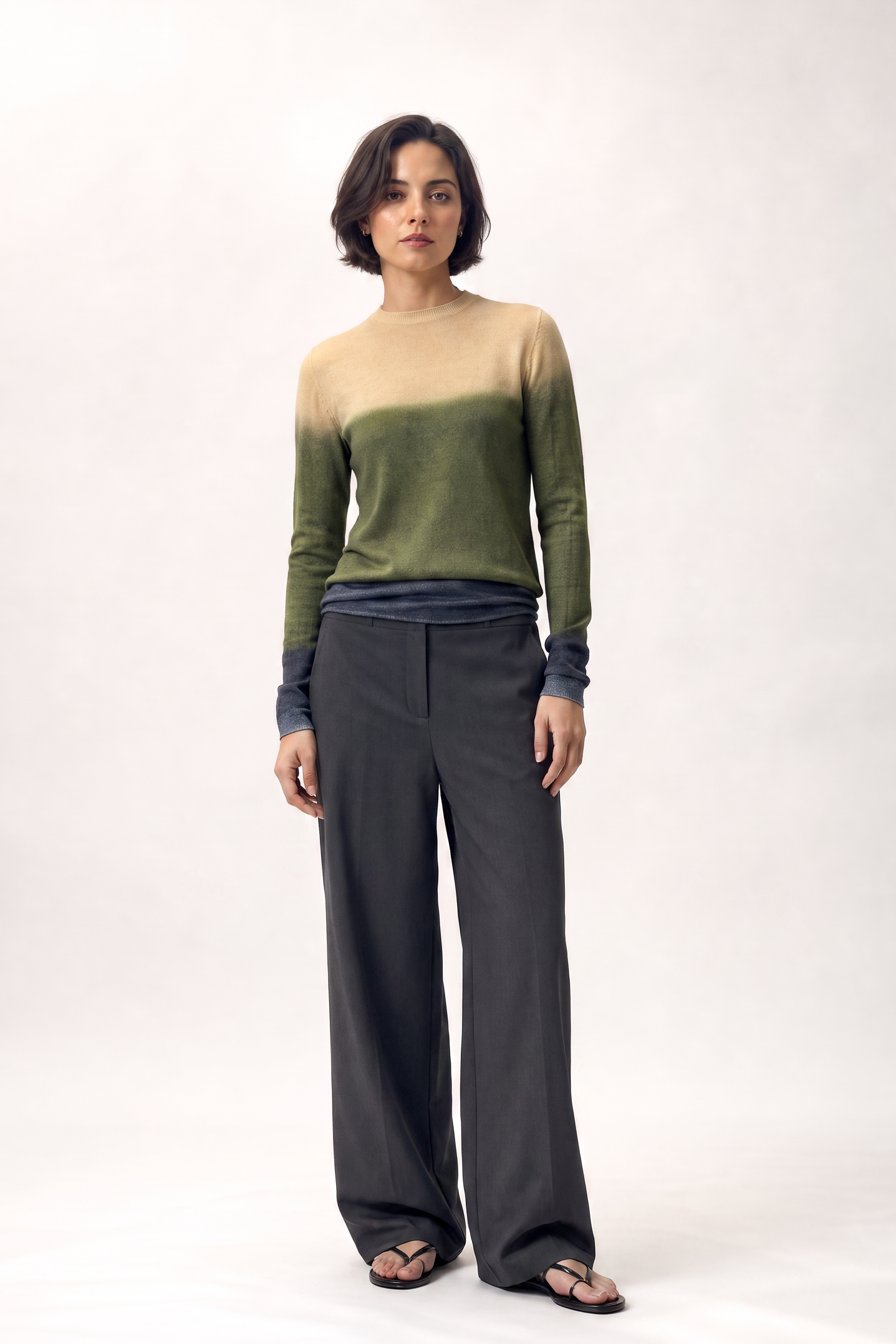 SOREN CREW IN HAND DYED CASHMERE IN WHEAT & ARMY GREEN