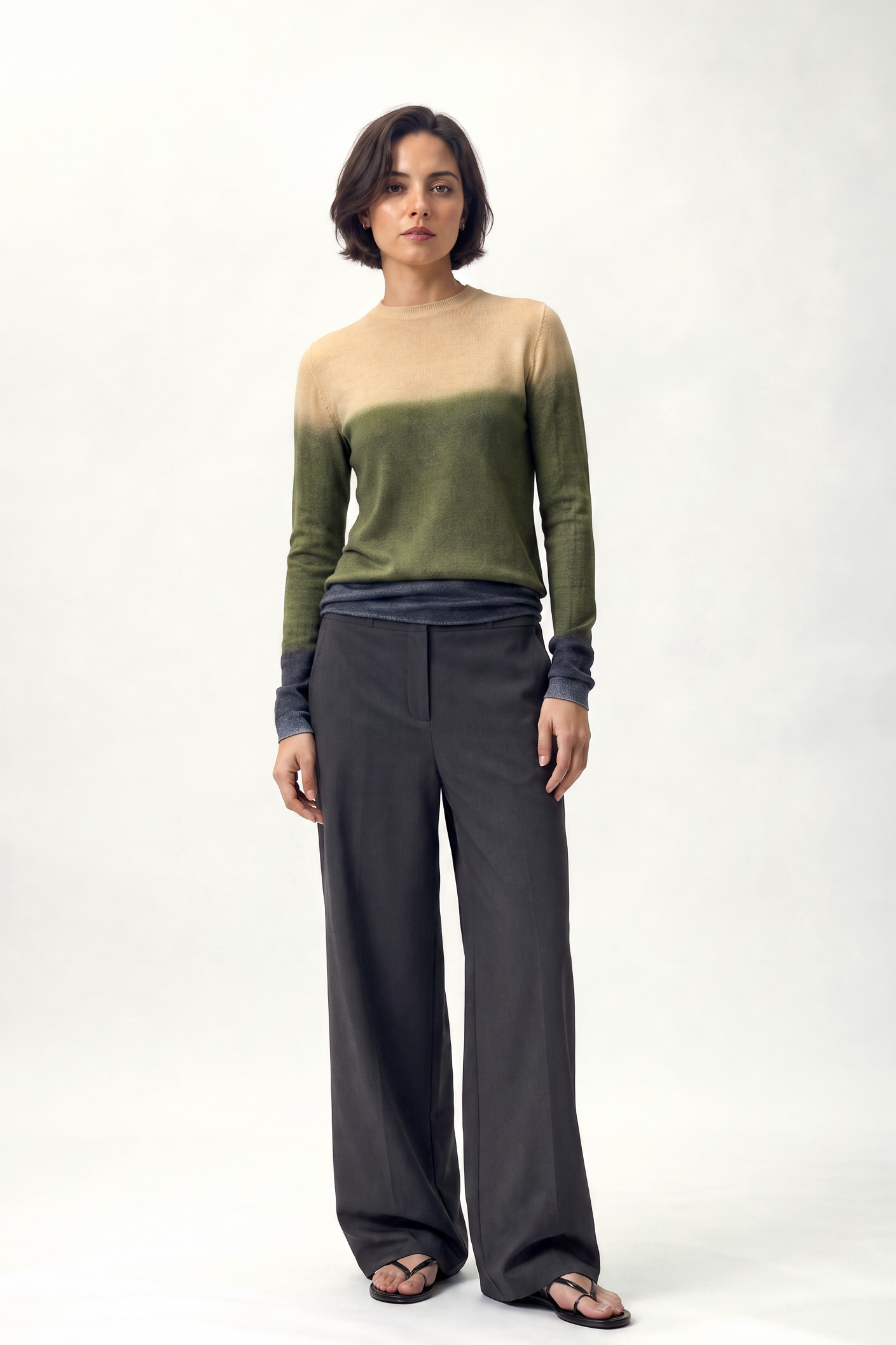 SOREN CREW IN HAND DYED CASHMERE IN WHEAT & ARMY GREEN