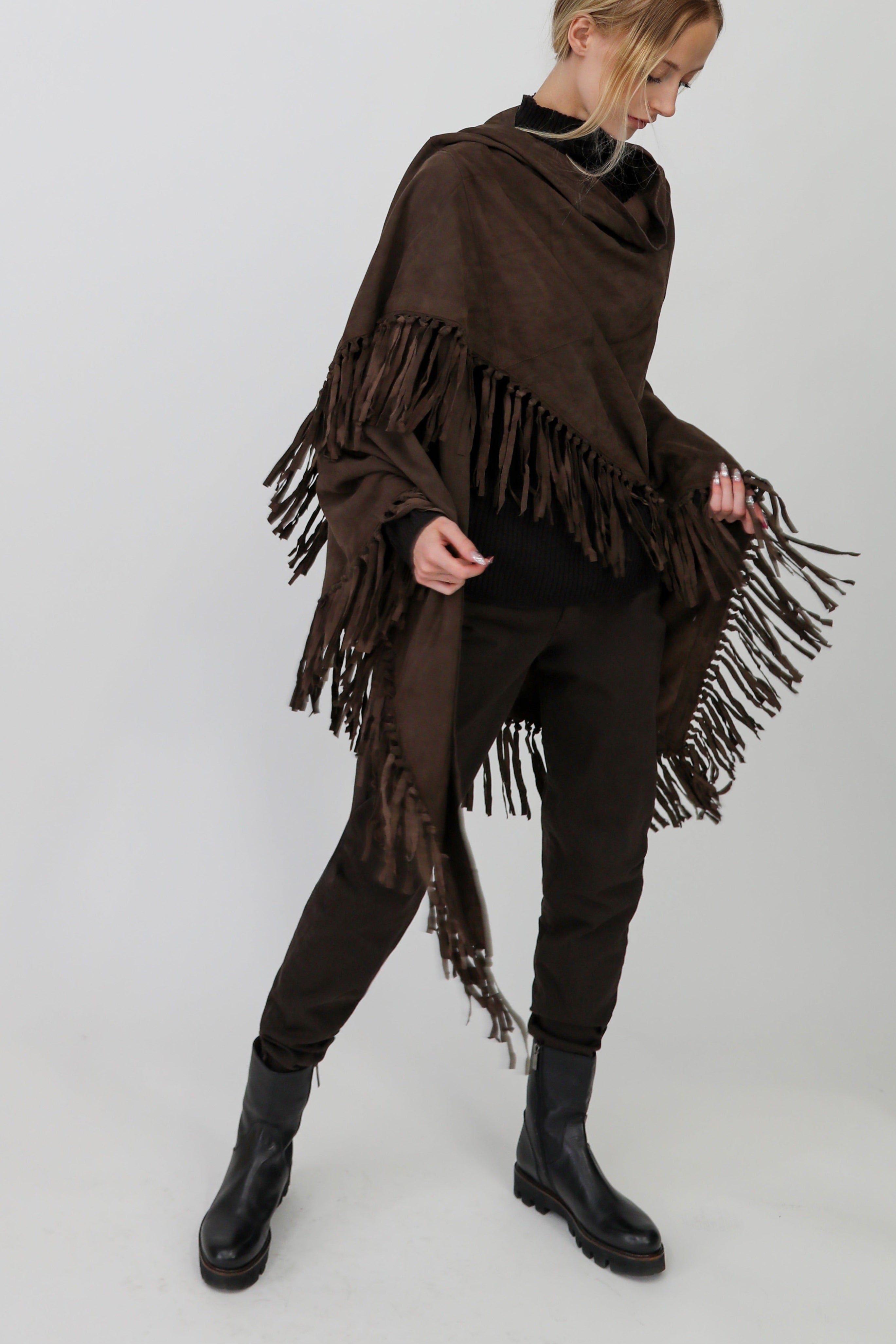 STELLAN SUEDE FRINGE WRAP IN DARK BROWN