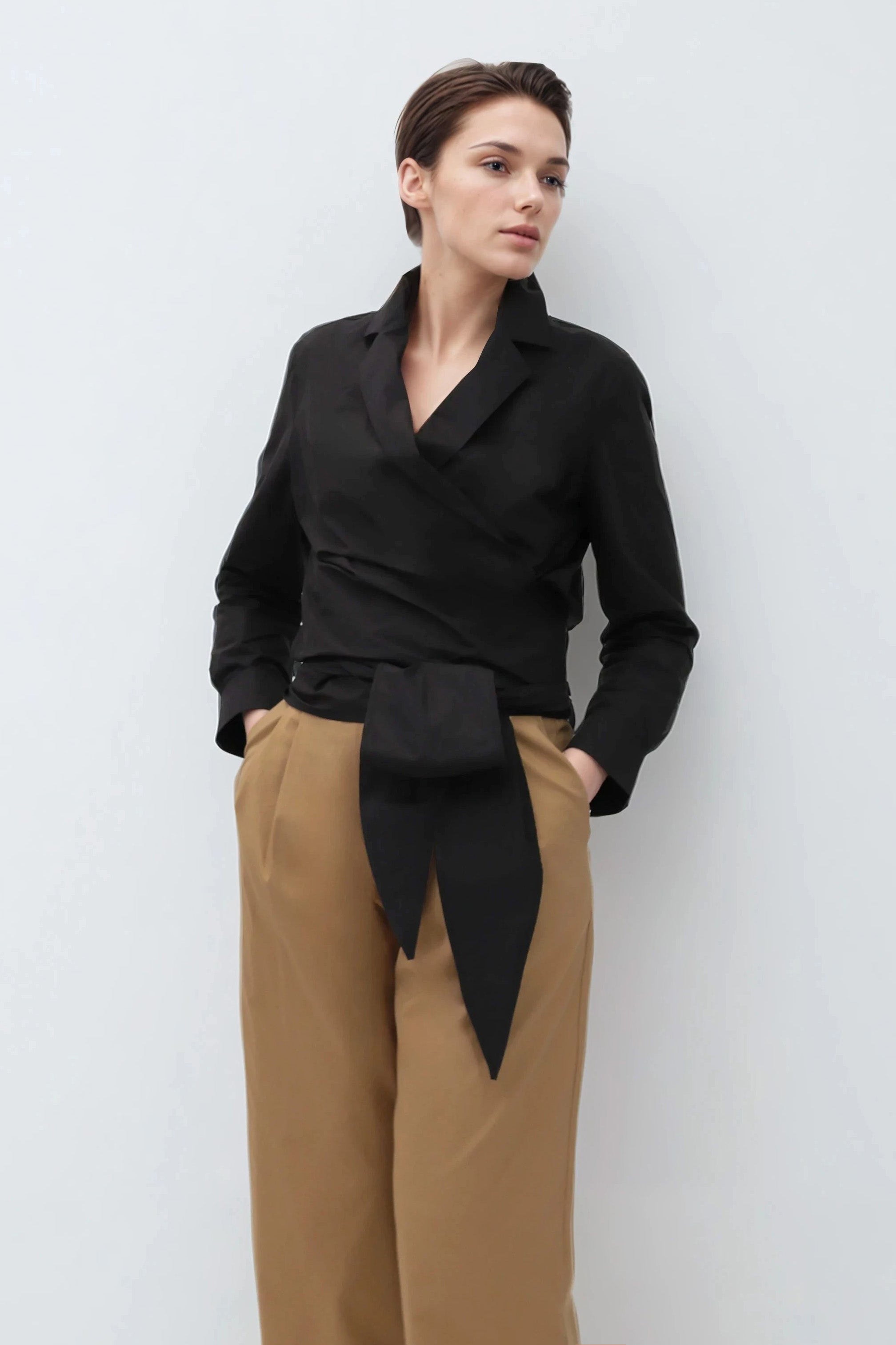 TORINO WRAP SHIRT IN BLACK ITALIAN COTTON STRETCH