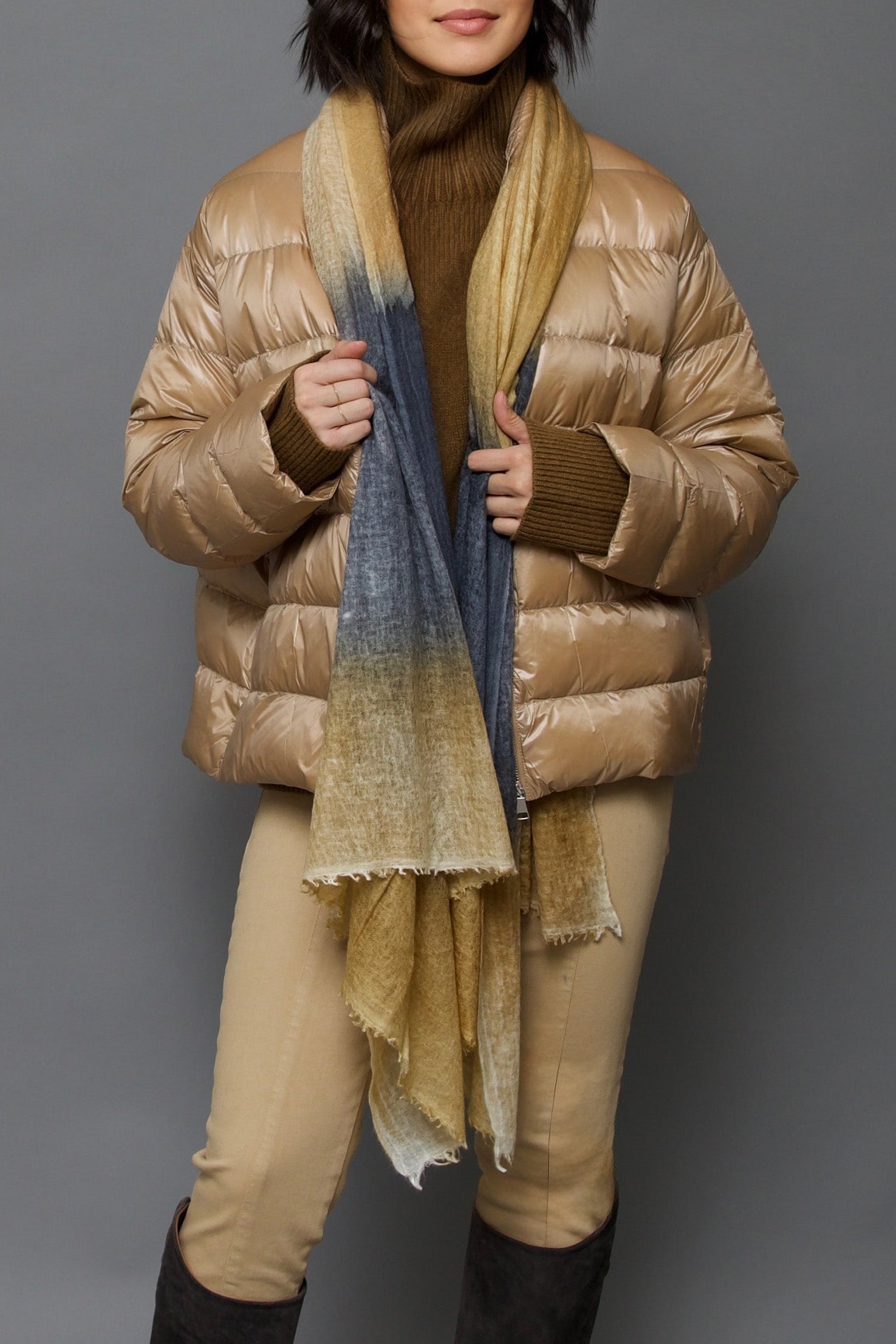 SCARF IN HAND DYED CASHMERE GOLD CHARCOAL STRIPE