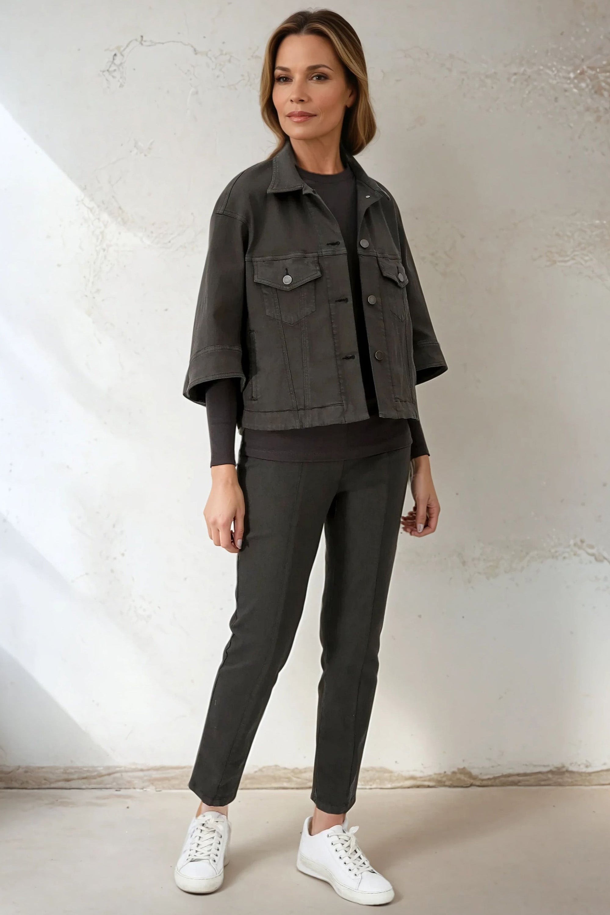 PALLAS BACK SLIT PANT IN GARMENT DYED ITALIAN STRETCH DENIM