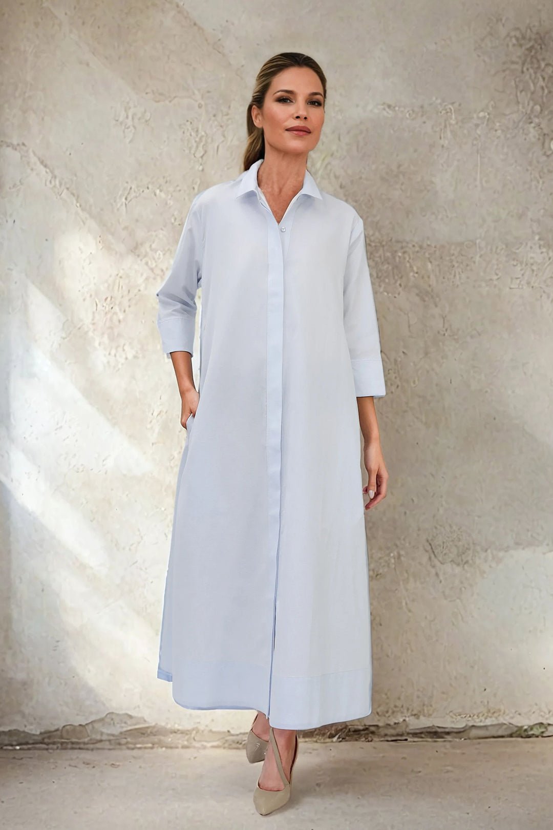 DANNI DRESS IN ITALIAN COTTON JACQUARD BLUE PEBBLE - Jarbo