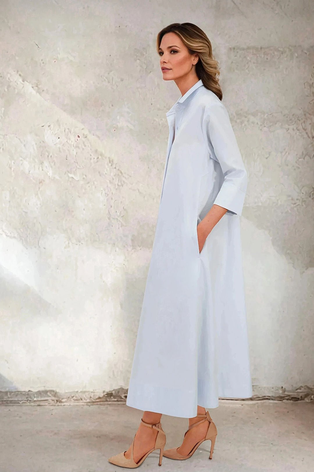 DANNI DRESS IN ITALIAN COTTON JACQUARD BLUE PEBBLE - Jarbo
