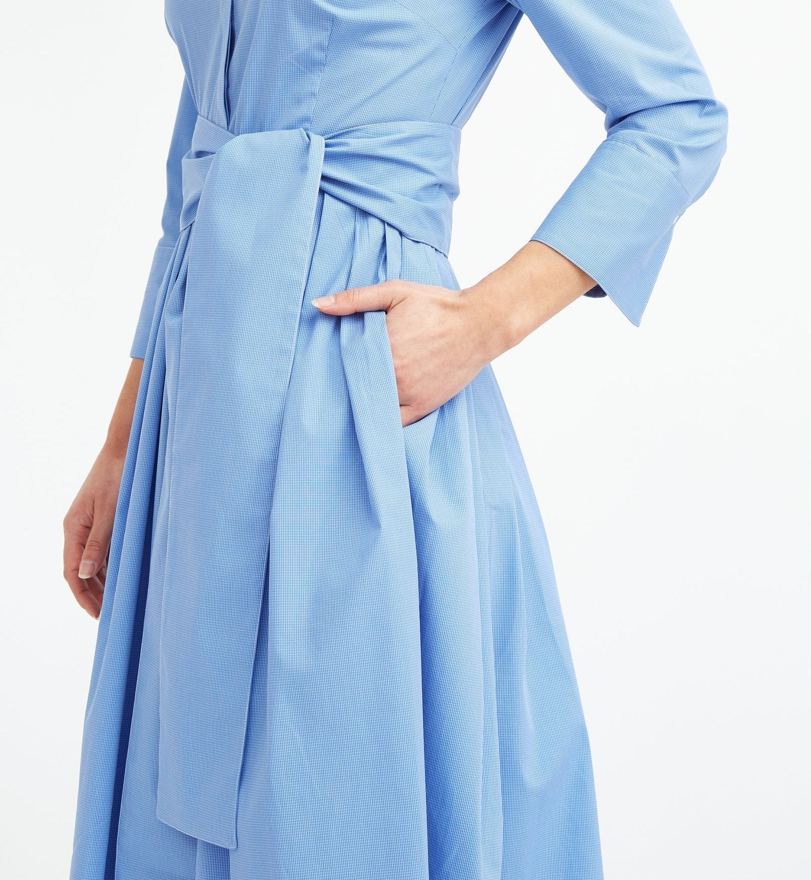 DARA PLEATED SKIRT COLLAR DRESS WITH SASH IN ITALIAN COTTON STRETCH - Jarbo