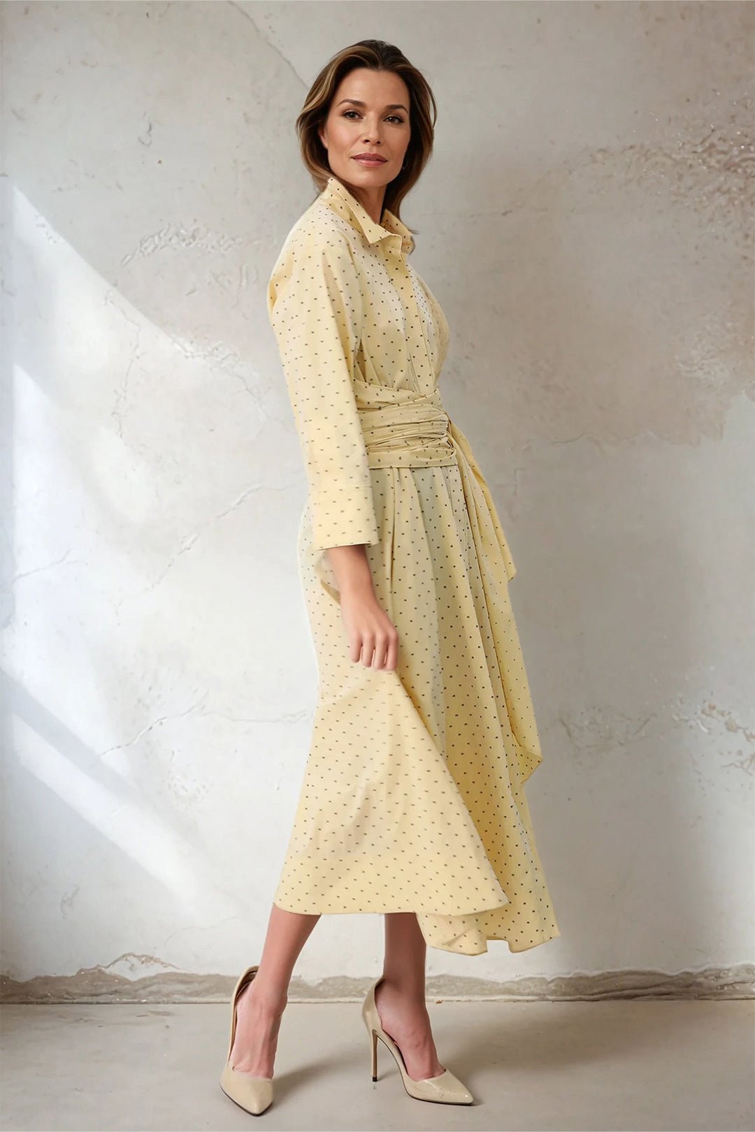 DUSK DRESS IN ITALIAN COTTON FINE POPLIN YELLOW DOT - Jarbo
